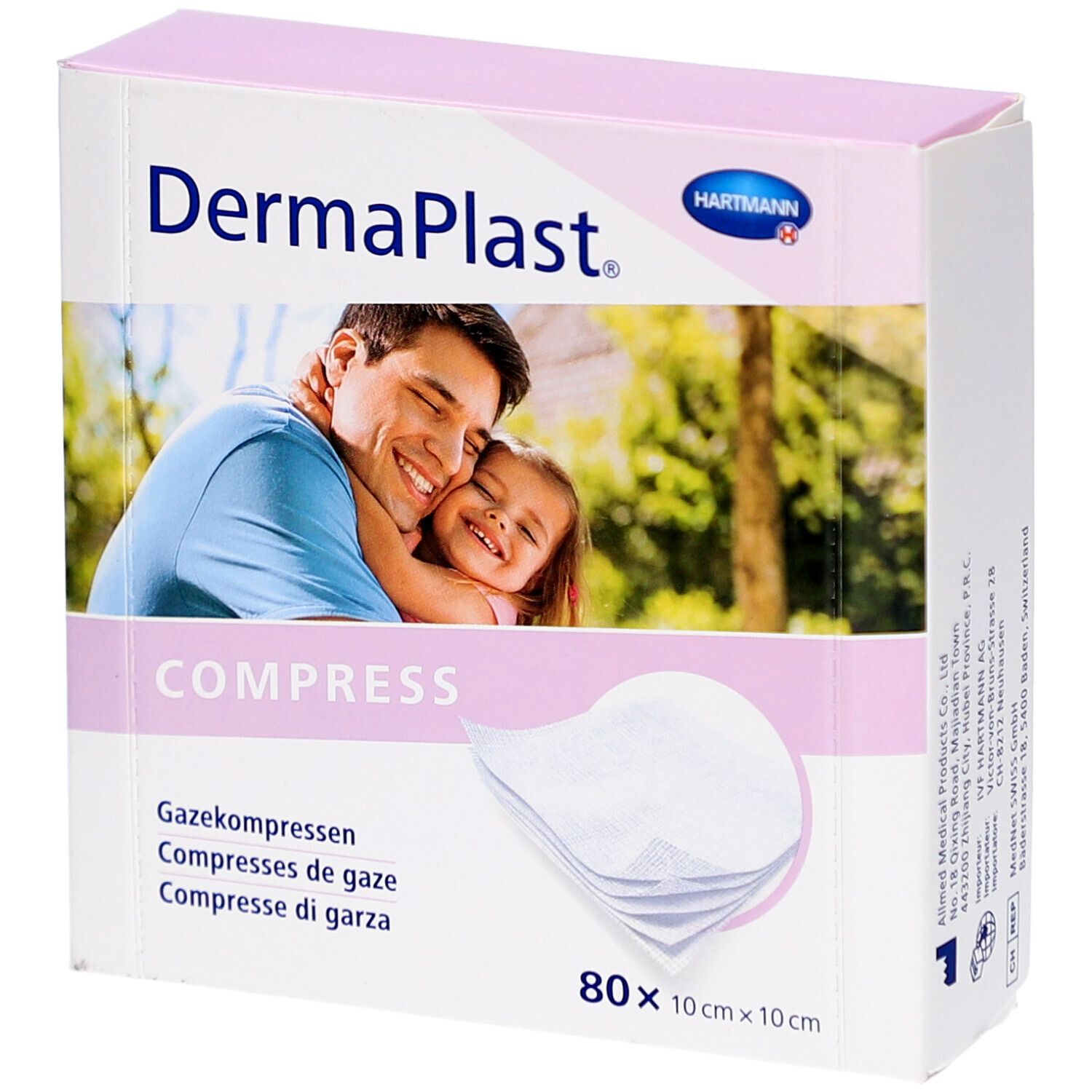 Verpackung mit DermaPlast Compress. Enthält Mullkompressen. Aufdruck: 80 x 10 cm x 10 cm. Abbildung eines Vaters und Kindes.