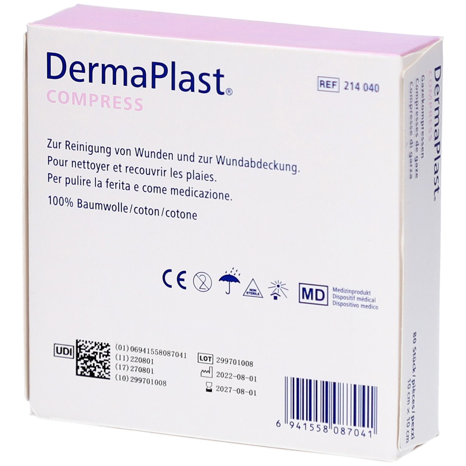 Rückseite der DermaPlast Compress Verpackung. Text in Deutsch, Französisch, Italienisch. Enthält Informationen zu Inhaltsstoffen und Zertifizierungen.