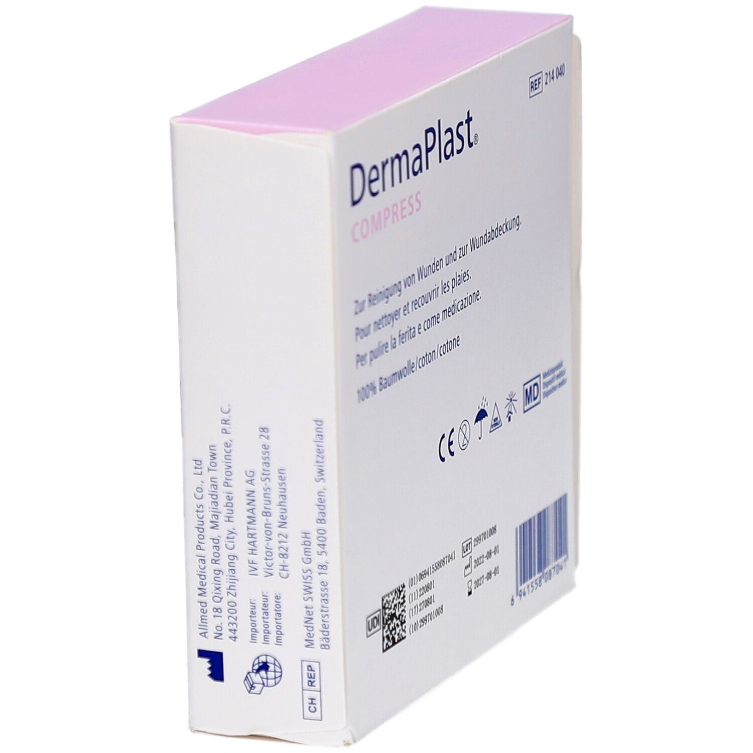 Schrägansicht der DermaPlast Compress Verpackung. Text und Logos sichtbar. Enthält Informationen zu Hersteller und Zertifizierungen.