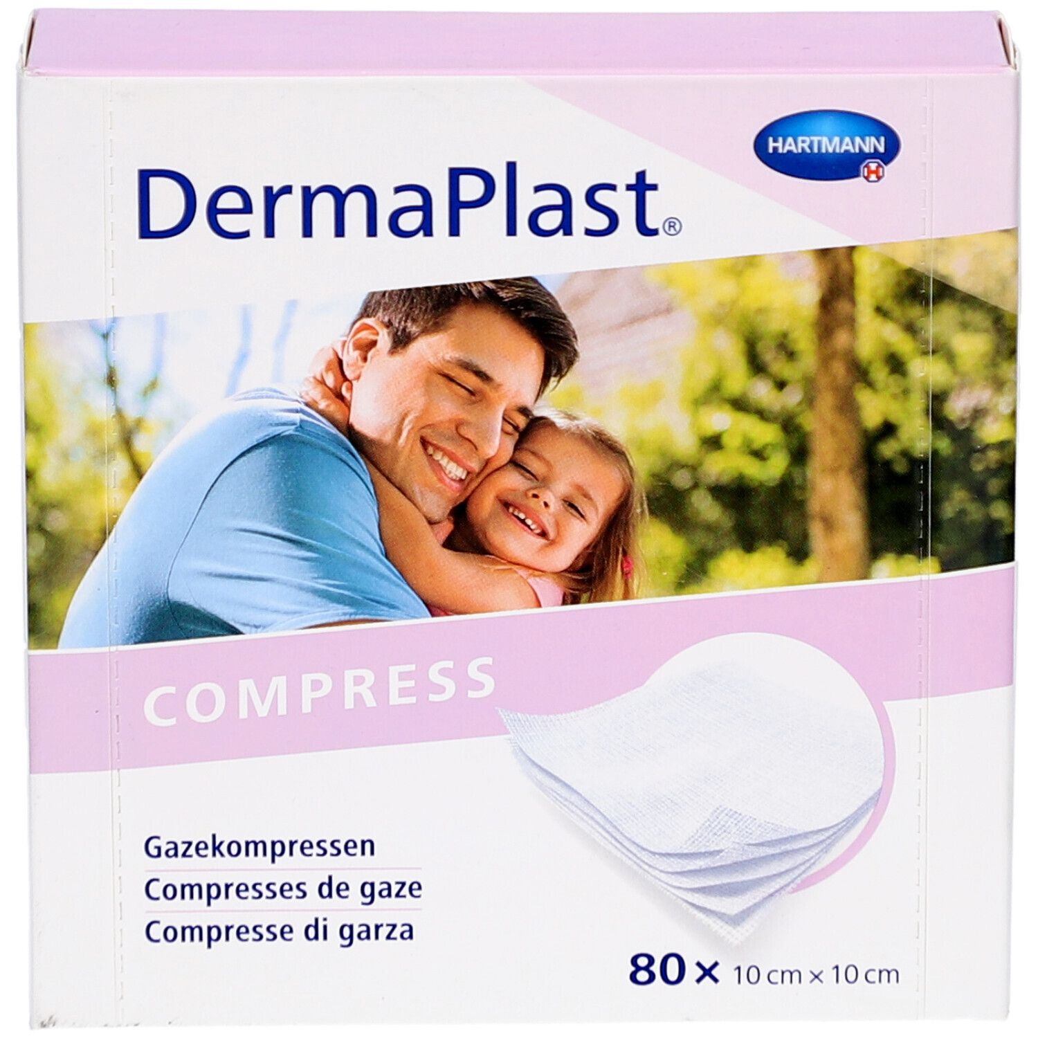 Vorderansicht der DermaPlast Compress Verpackung. Enthält Mullkompressen. Aufdruck: 80 x 10 cm x 10 cm. Abbildung eines Vaters und Kindes.