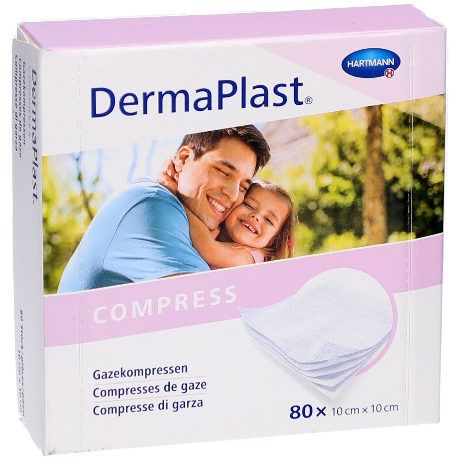 Vorderansicht der DermaPlast Compress Verpackung. Enthält Mullkompressen. Aufdruck: 80 x 10 cm x 10 cm. Abbildung eines Vaters und Kindes.
