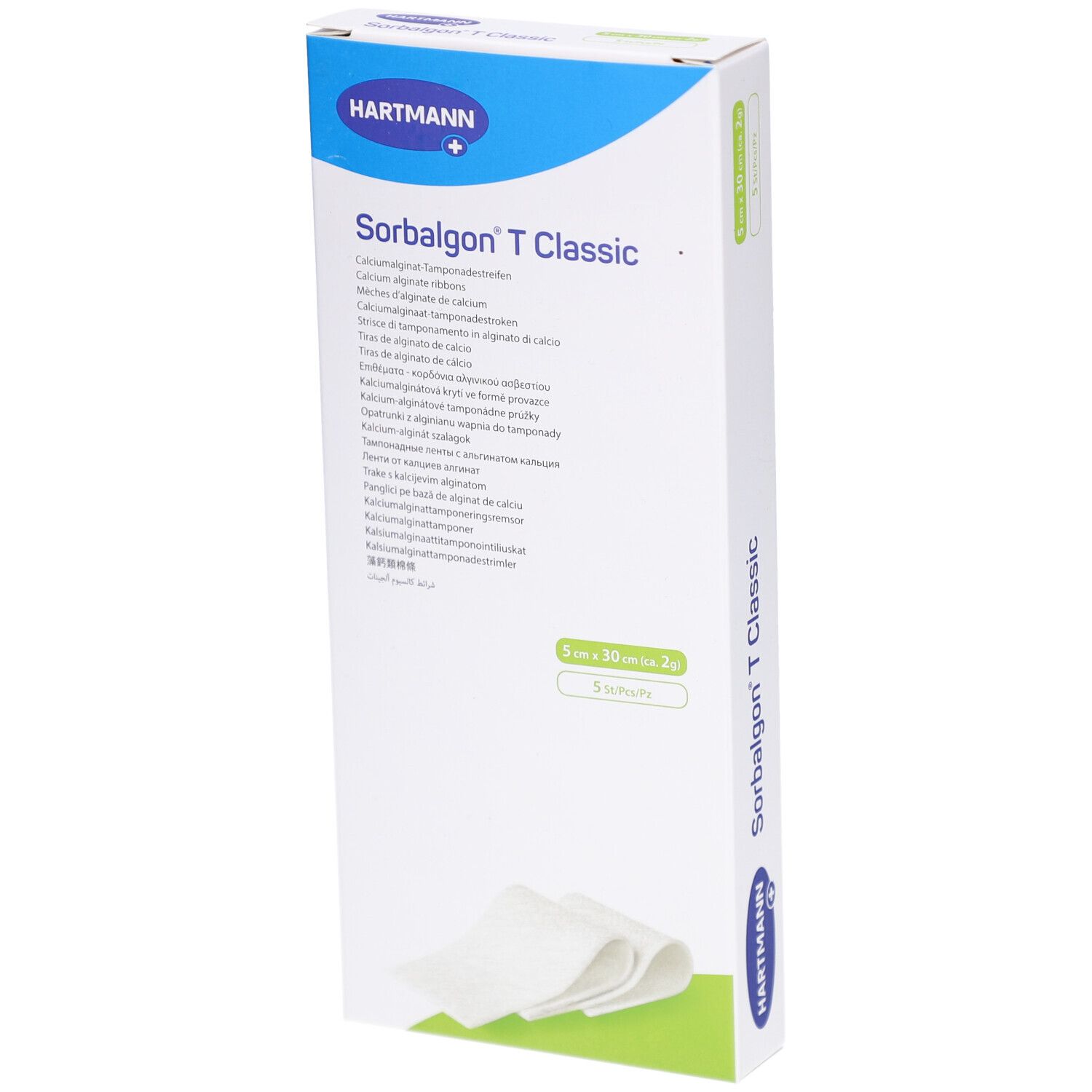 Verpackung von HARTMANN Sorbalgon T Classic. Enthält 5 Stück. Aufdrucke: Produktname, Marke, Größe 5 cm x 30 cm, Inhaltsangaben.