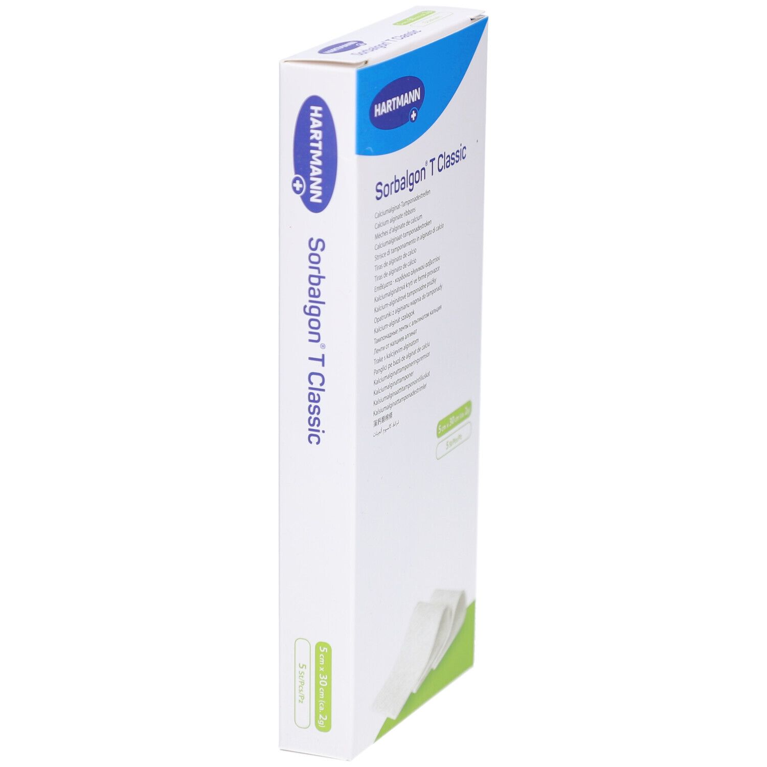 Schmale Verpackung von HARTMANN Sorbalgon T Classic. Produktname und Marke sind sichtbar. Größe 5 cm x 30 cm. Enthält 5 Stück.