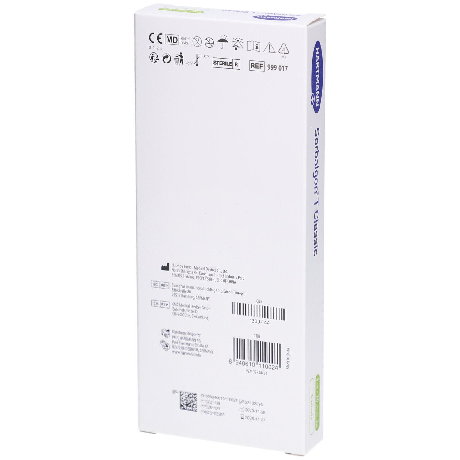 Rückseite der Verpackung von HARTMANN Sorbalgon T Classic. Enthält Informationen, Symbole und Codes. CE-Kennzeichnung und Sterilitätshinweis.