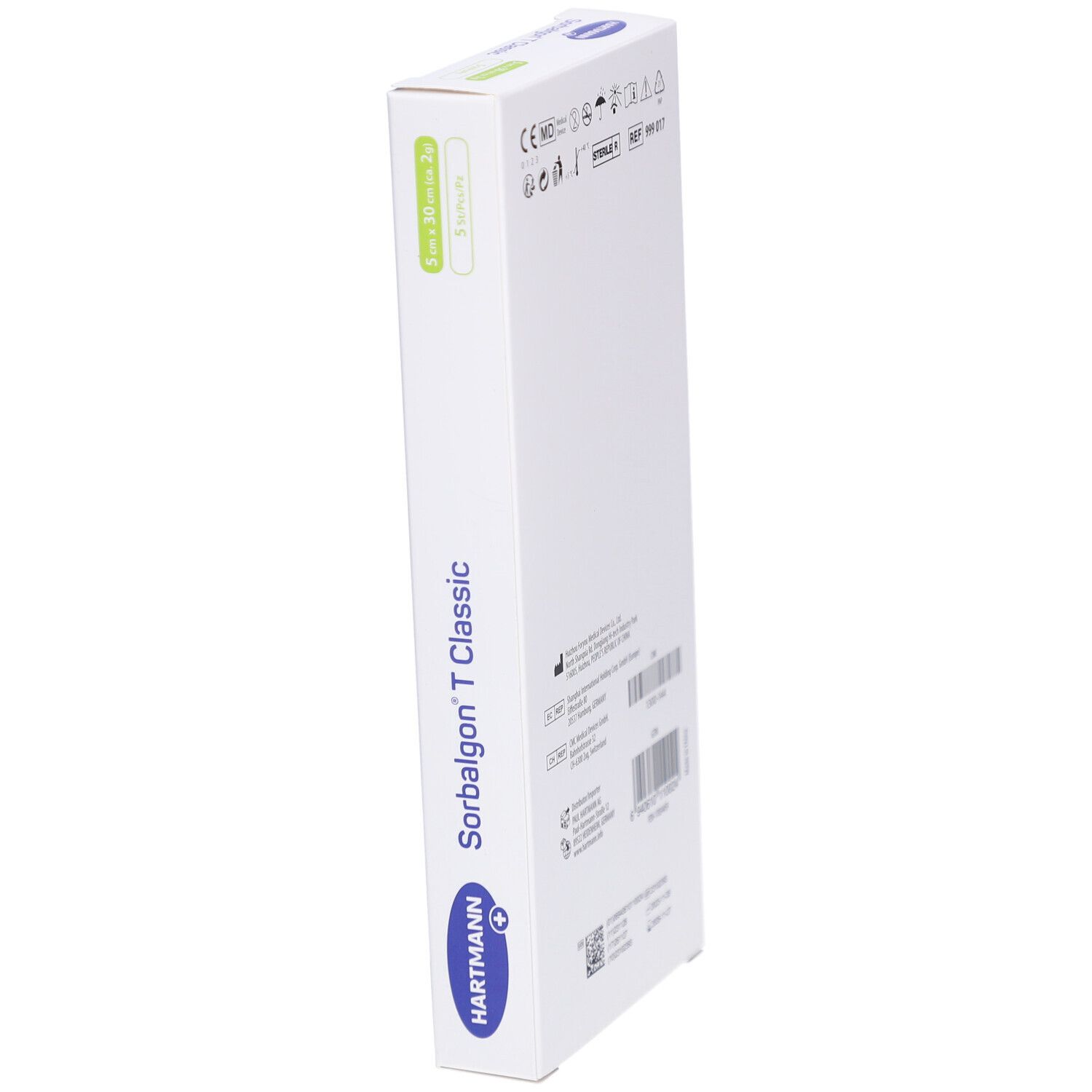 Schmale Verpackung von HARTMANN Sorbalgon T Classic. Produktname und Marke sind sichtbar. Symbole und Codes auf der Seite.