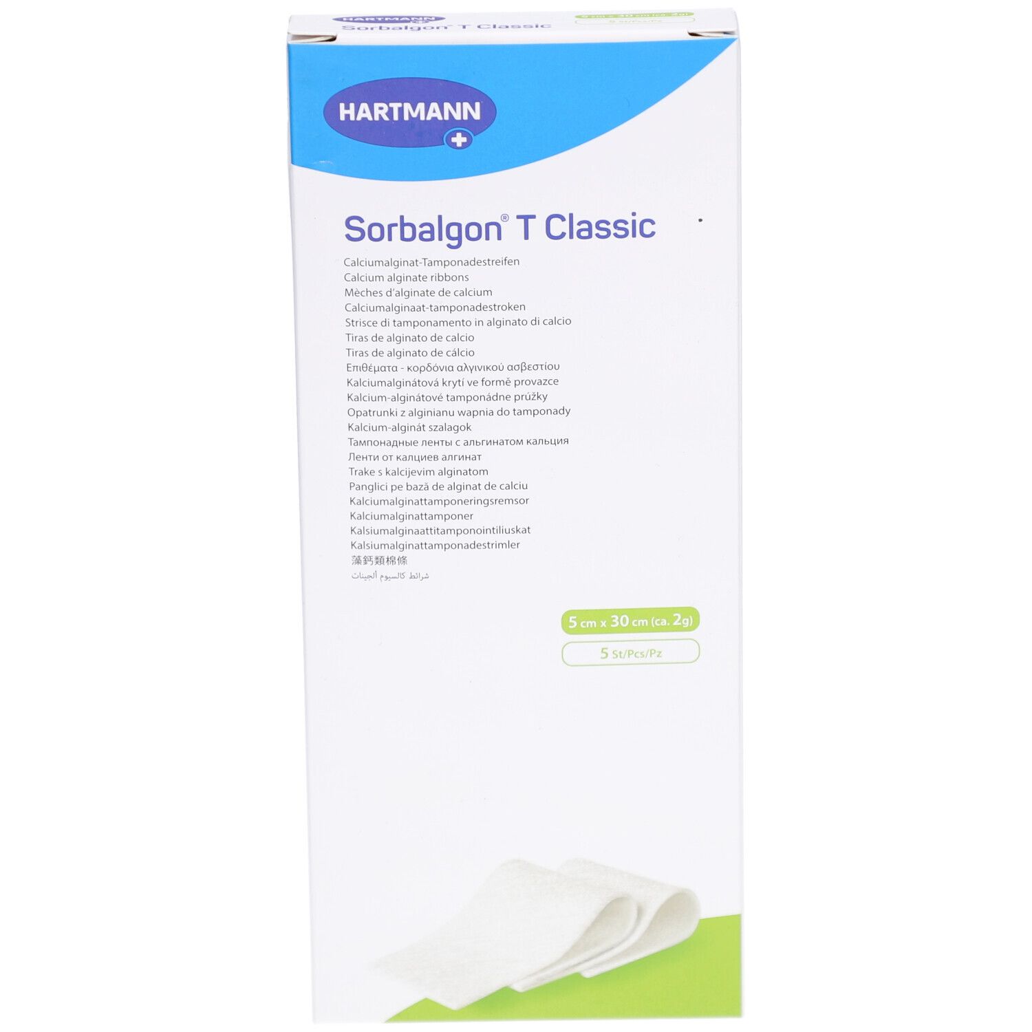 Verpackung von HARTMANN Sorbalgon T Classic. Produktname, Marke und Größe 5 cm x 30 cm sind sichtbar. Enthält 5 Stück.