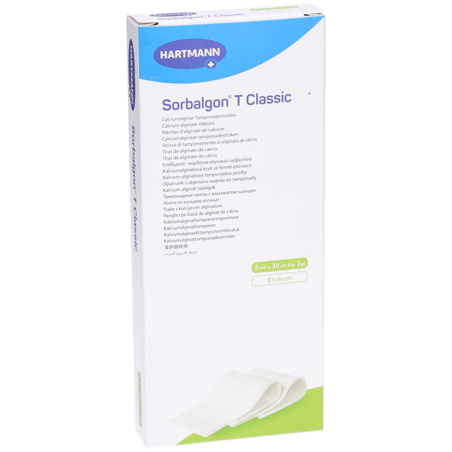 Verpackung von HARTMANN Sorbalgon T Classic. Produktname, Marke und Größe 5 cm x 30 cm sind sichtbar. Enthält 5 Stück.