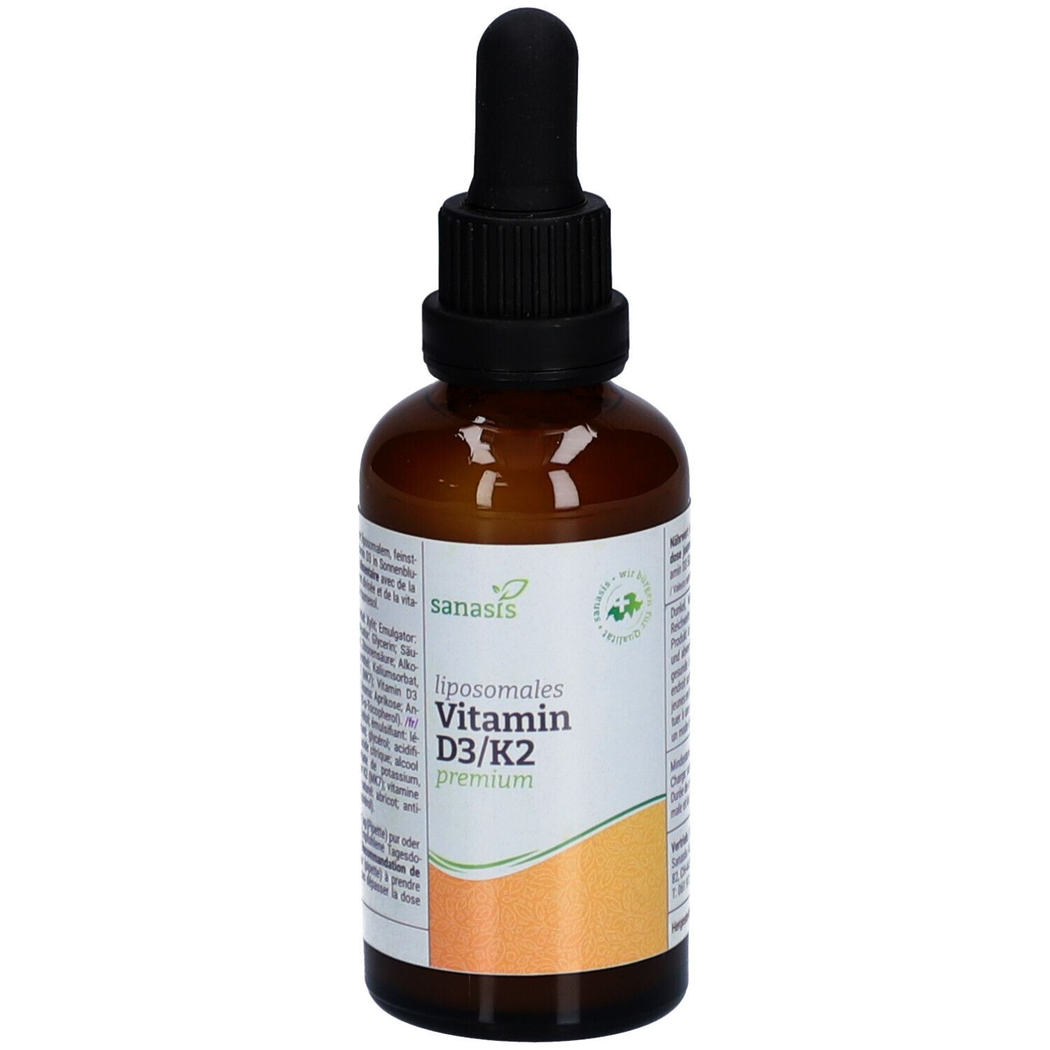Braune Glasflasche mit schwarzem Deckel und Pipette. Etikett mit Produktnamen: SANASIS Vitamin D3/K2 premium. Vegan-Siegel.