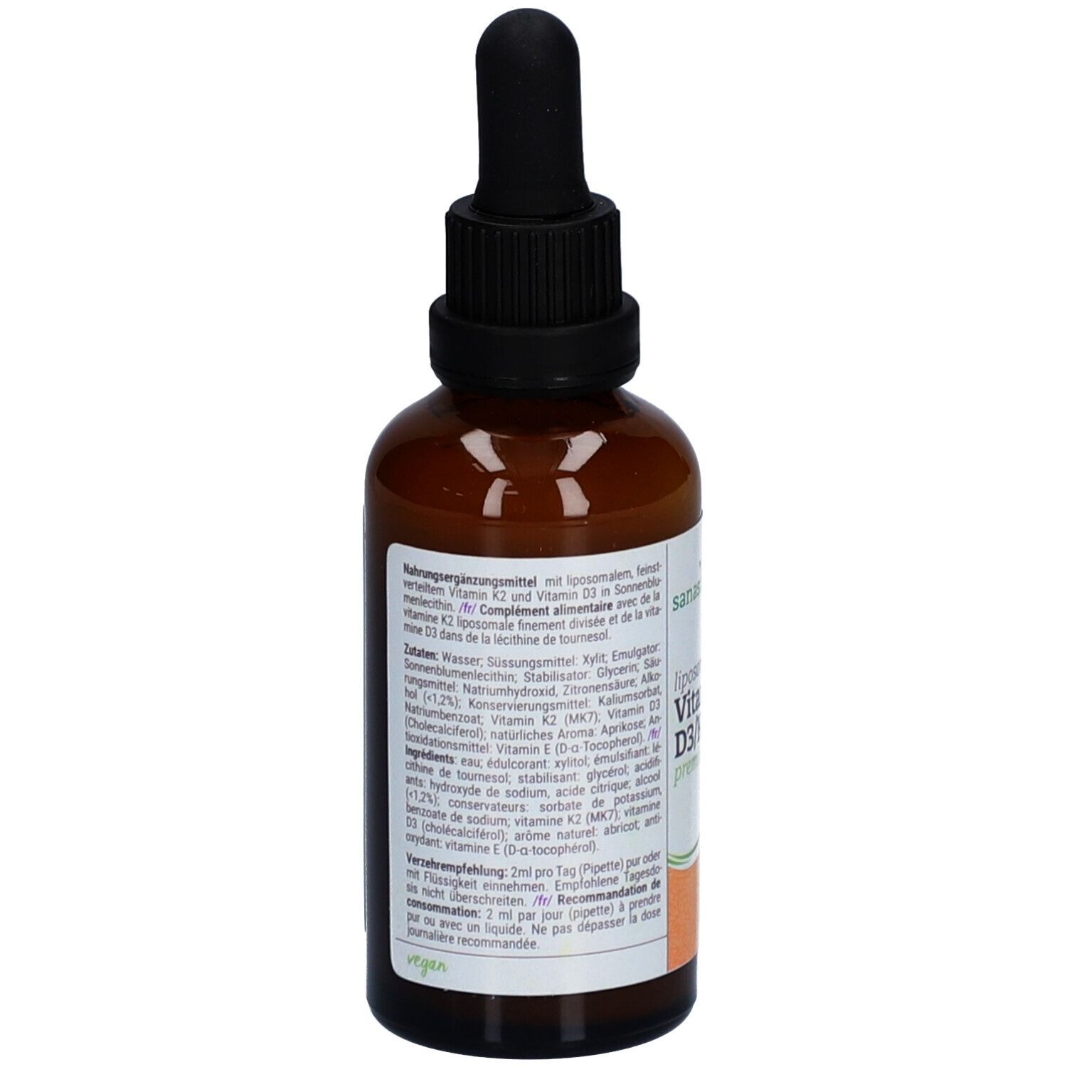 Braune Glasflasche mit schwarzem Deckel und Pipette. Etikett mit Inhaltsstoffen und Nährwertangaben. Vegan-Siegel.