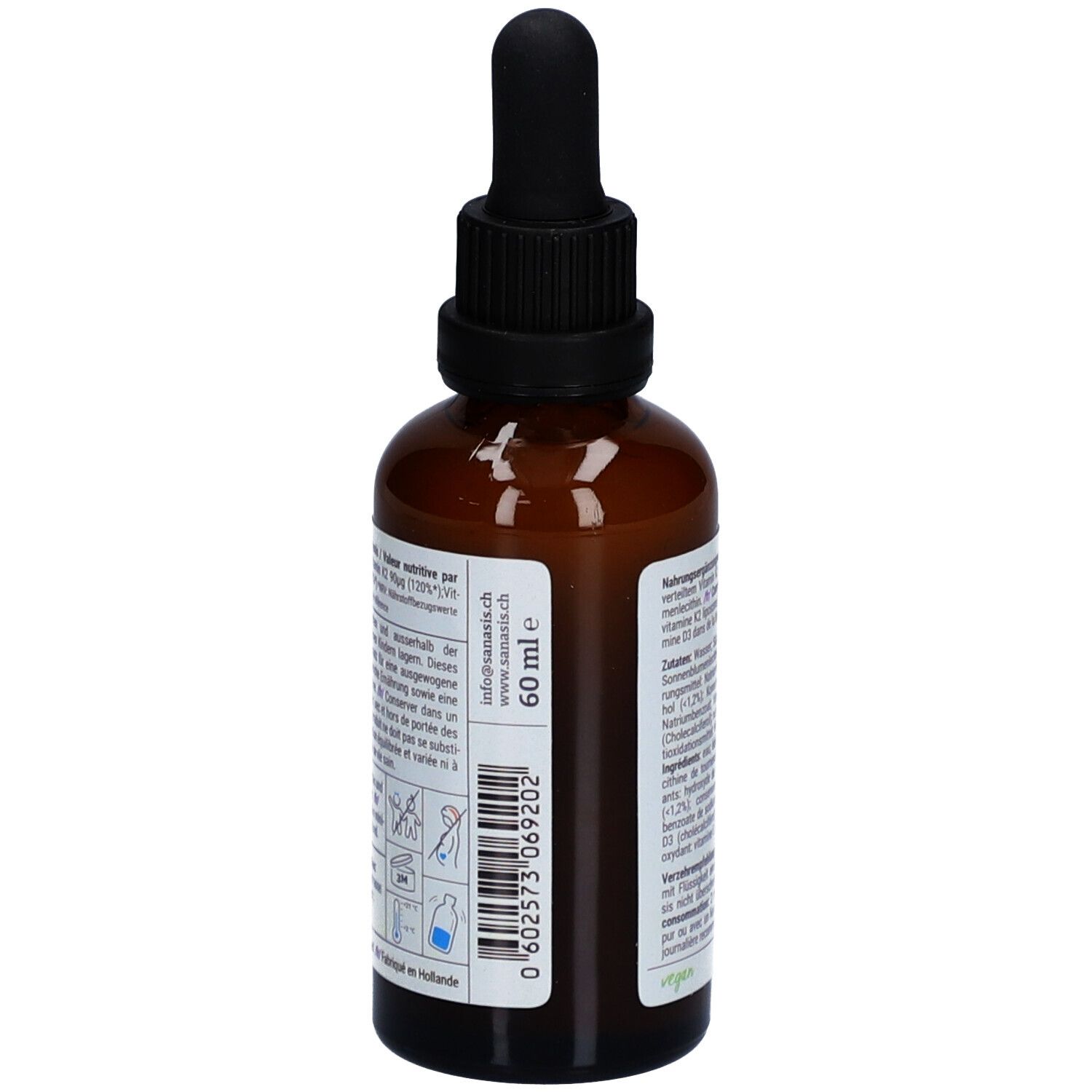 Braune Glasflasche mit schwarzem Deckel und Pipette. Etikett mit Volumenangabe: 60 ml. Informationen zur Herstellung und Kontakt.