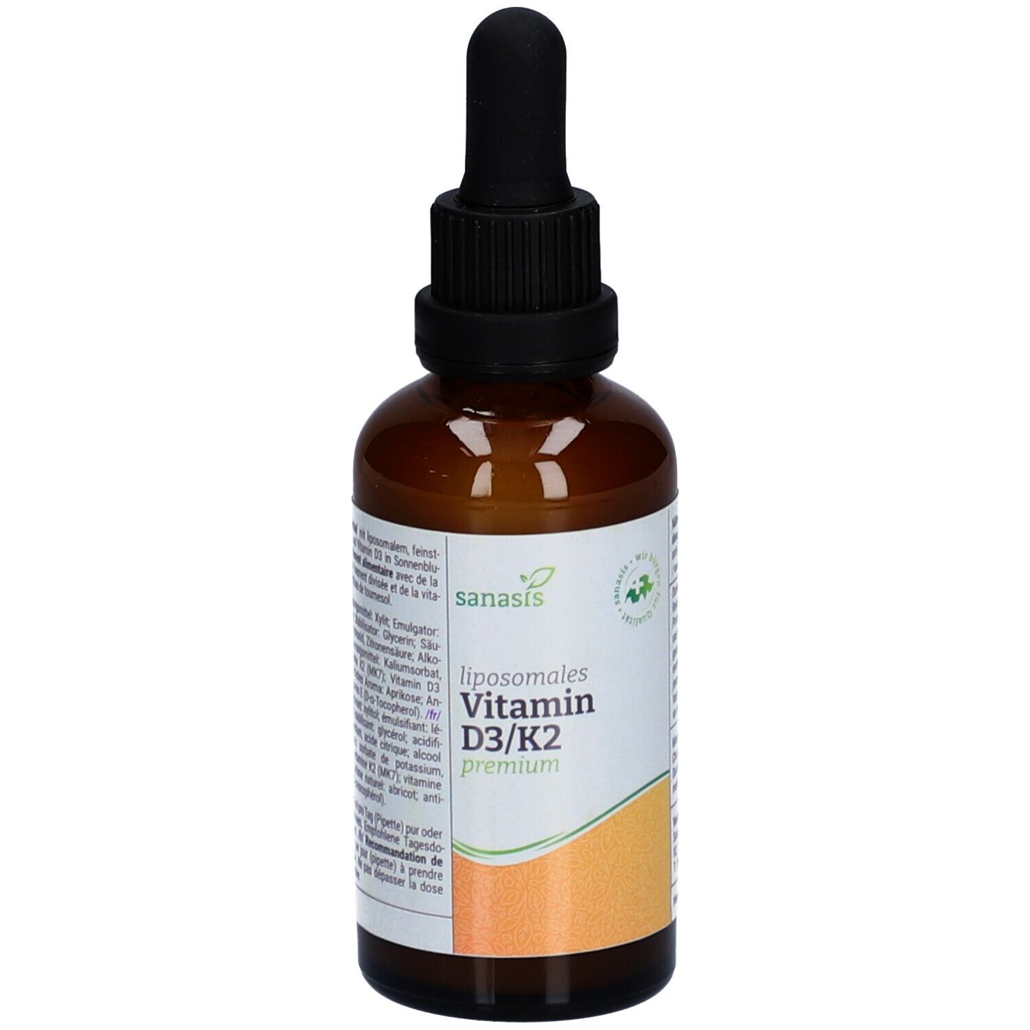 Braune Glasflasche mit schwarzem Deckel und Pipette. Etikett mit Produktnamen: SANASIS Vitamin D3/K2 premium. Vegan-Siegel.