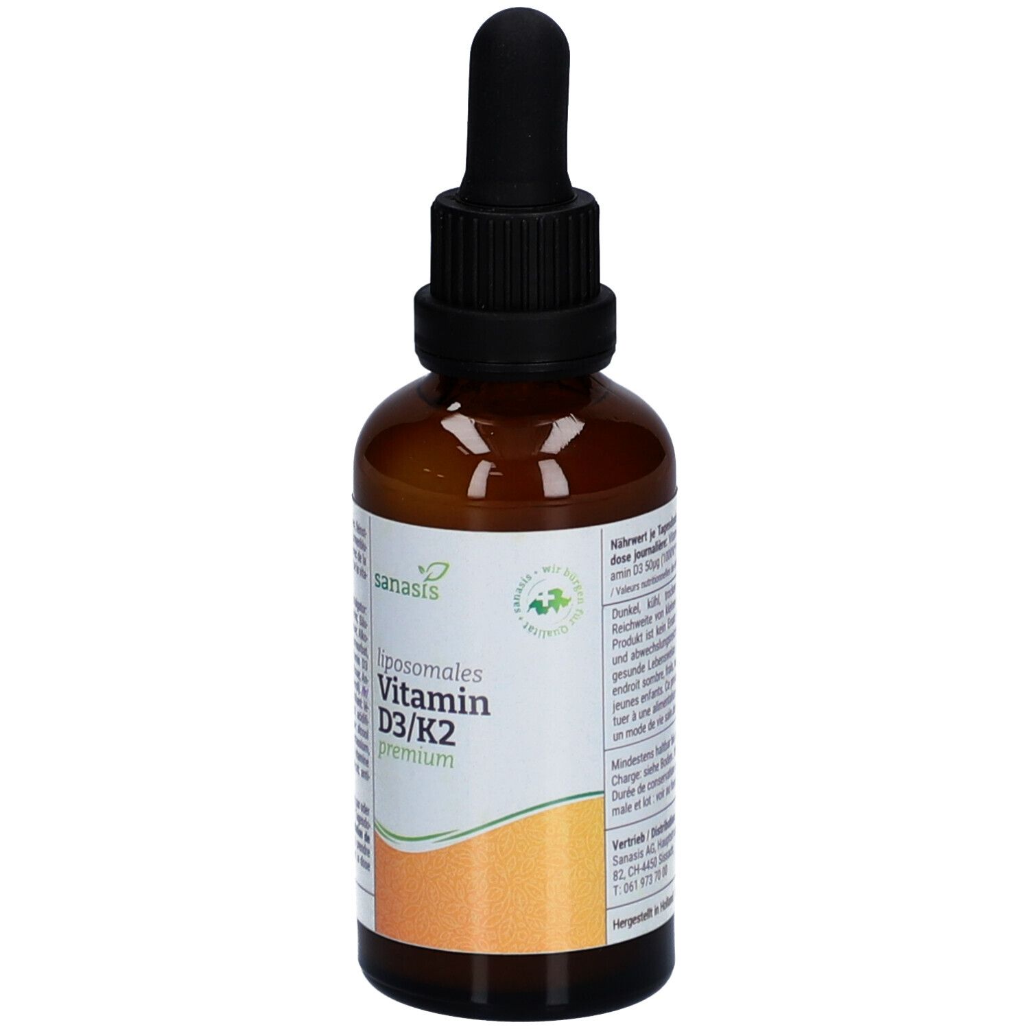 Braune Glasflasche mit schwarzem Deckel und Pipette. Etikett mit Produktnamen: SANASIS Vitamin D3/K2 premium. Vegan-Siegel.