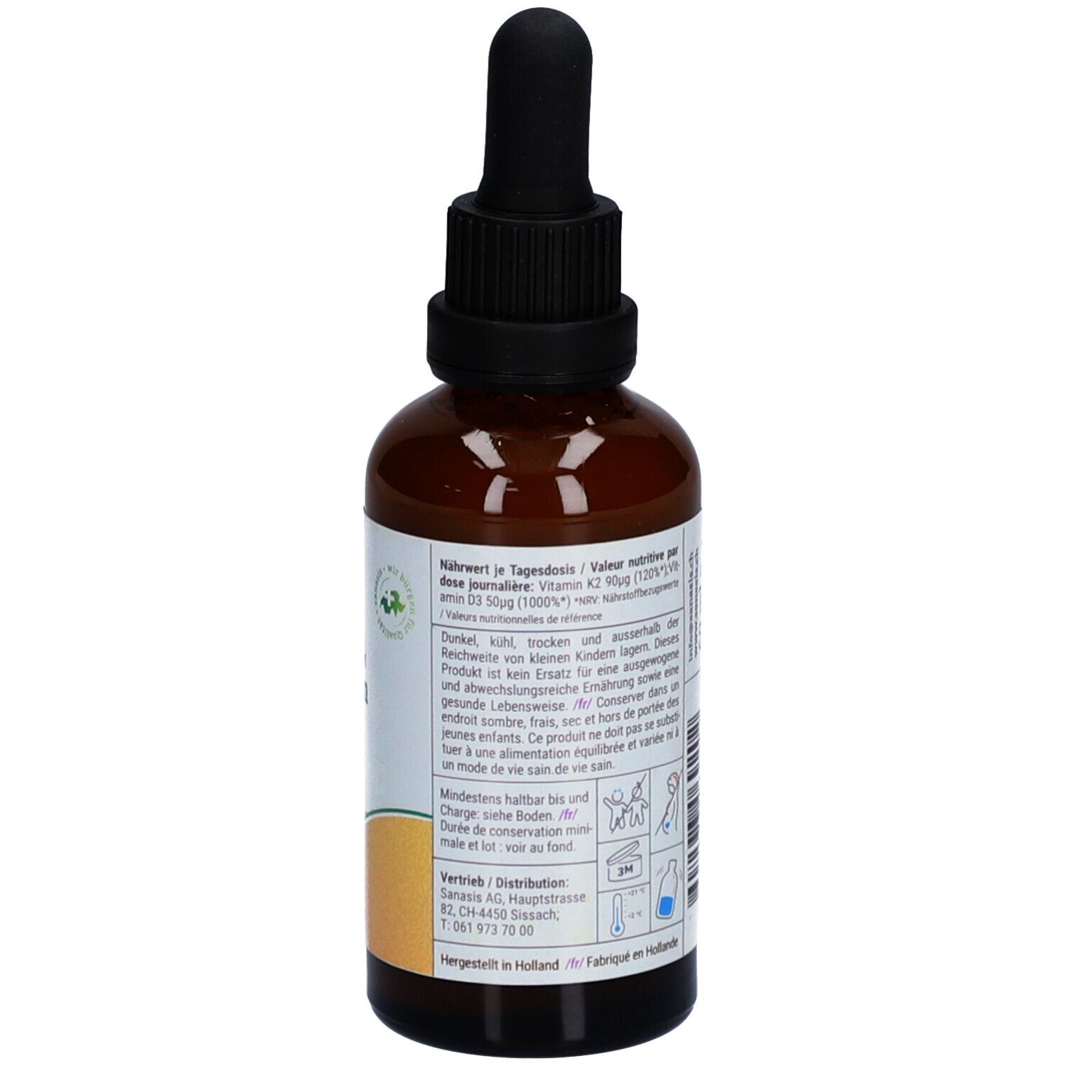 Braune Glasflasche mit schwarzem Deckel und Pipette. Etikett mit Nährwertangaben und Warnhinweisen. Vegan-Siegel.