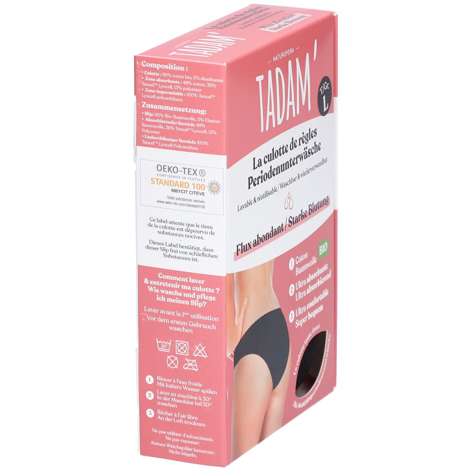 TADAM Culotte de règles L Verpackung. Rosa Box mit Text und Illustrationen. Oeko-Tex Standard 100.