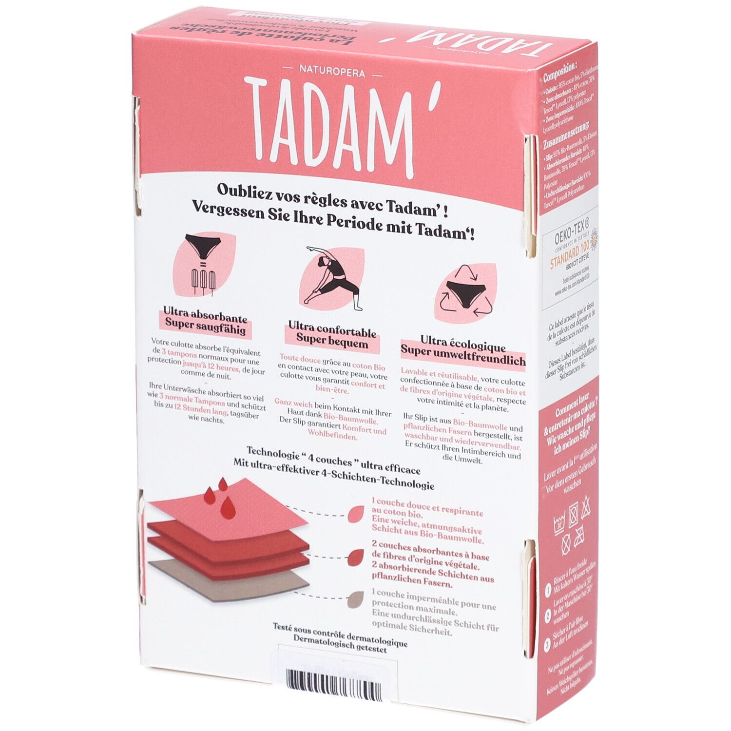 Rückseite der TADAM Culotte de règles L Verpackung. Illustrationen und Text. Ultra absorbierend, ökologisch.