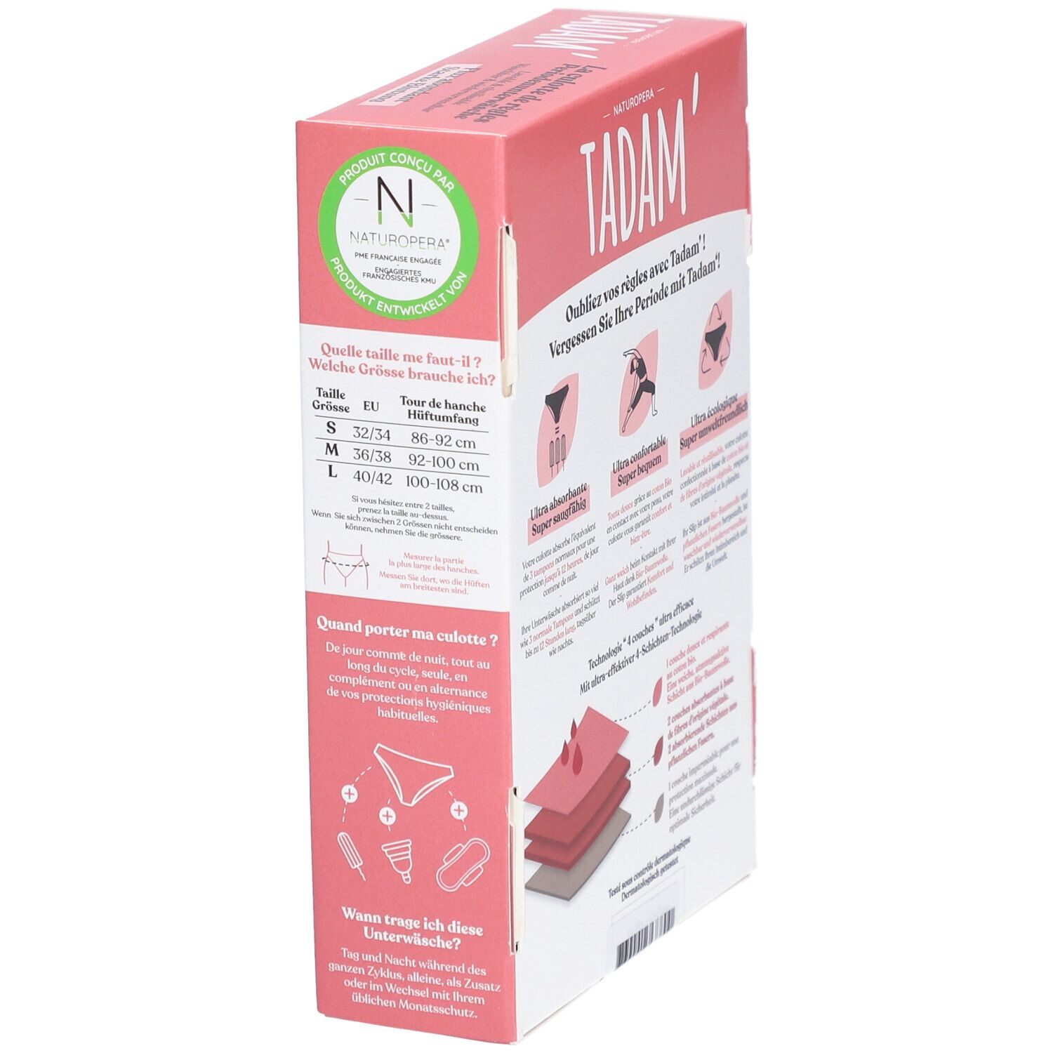 Seite der TADAM Culotte de règles L Verpackung. Größenangaben und Illustrationen. Produktzertifizierung.