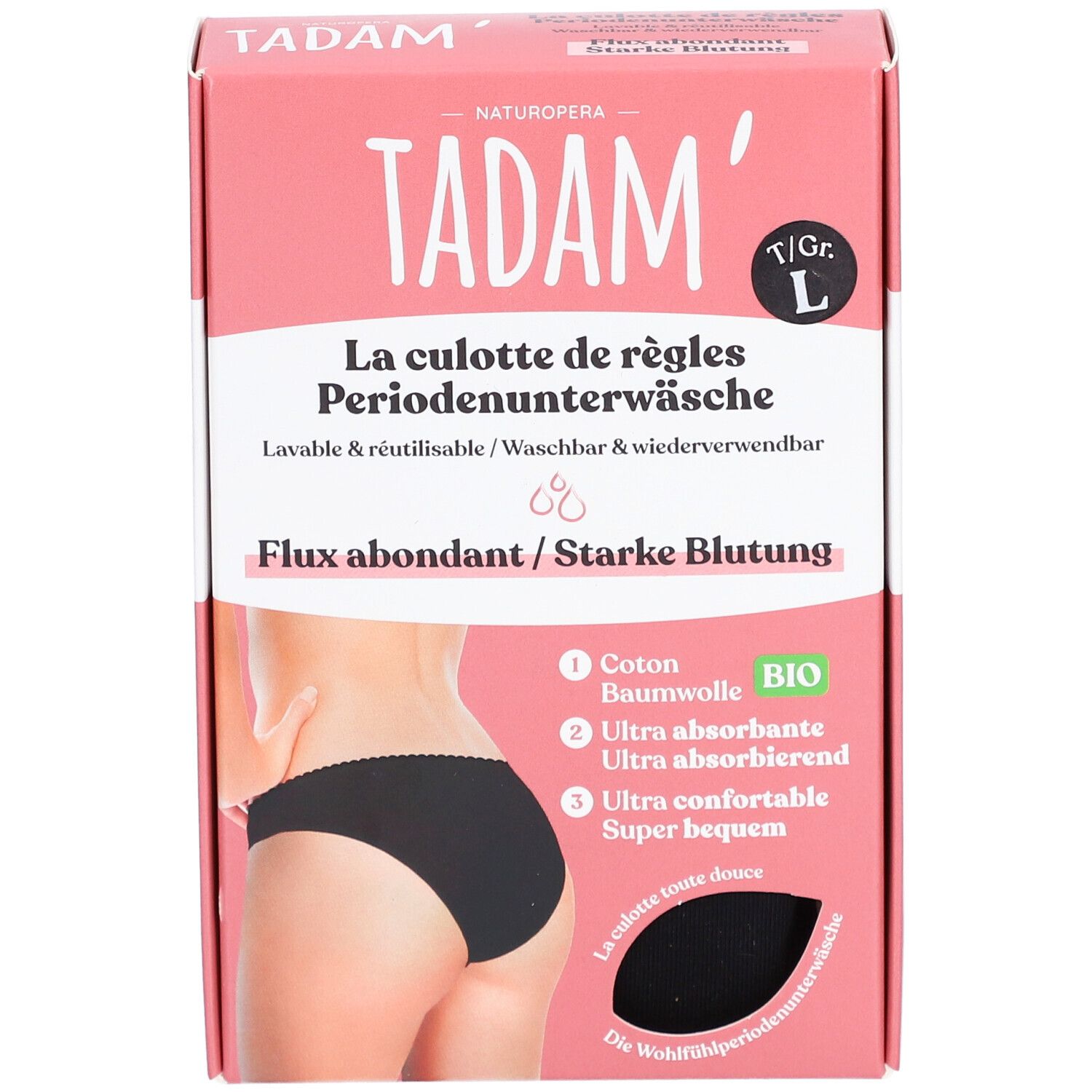TADAM Culotte de règles L Verpackung. Rosa Box mit schwarzer Unterwäsche-Illustration. Größe L.