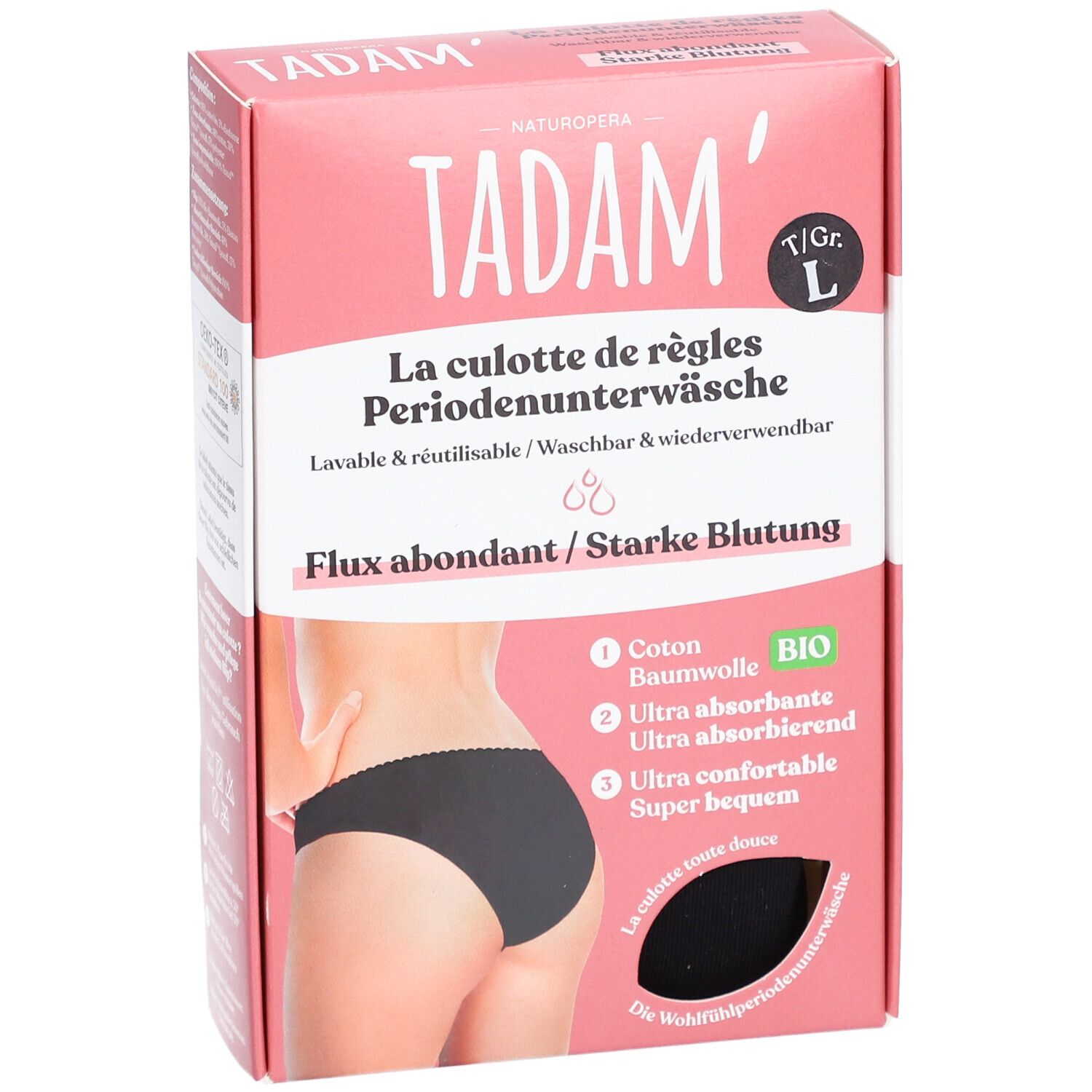 TADAM Culotte de règles L Verpackung. Rosa Box mit schwarzer Unterwäsche-Illustration. Größe L.