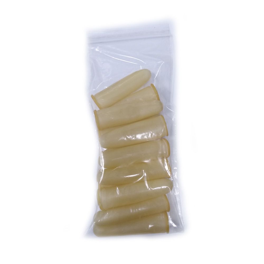 Gepoederde Latex-Fingerlinge in transparenter Verpackung. Mehrere Fingerlinge sichtbar.