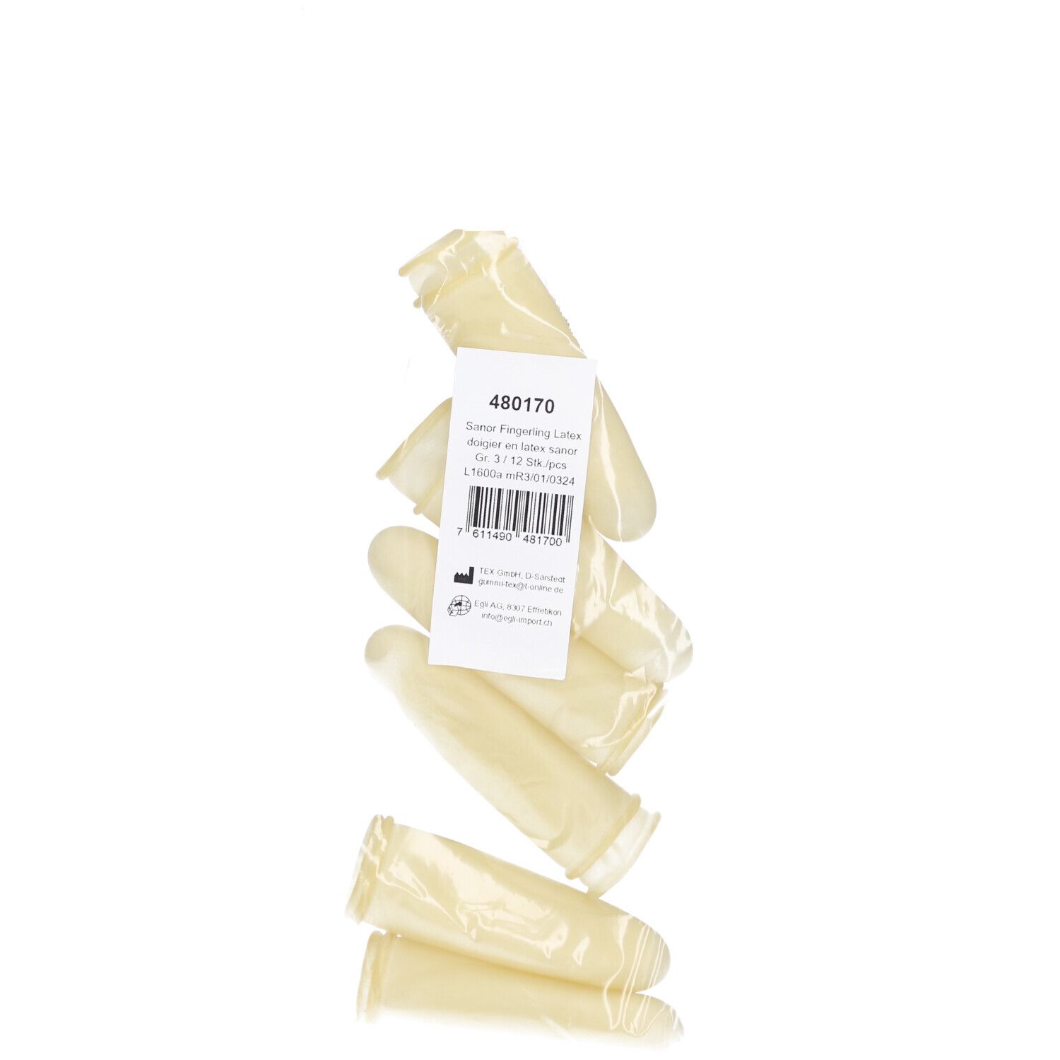 Fingerlinge aus Latex, gepudert, in Folien verpackt. Ein Etikett mit Produktinformationen ist sichtbar.