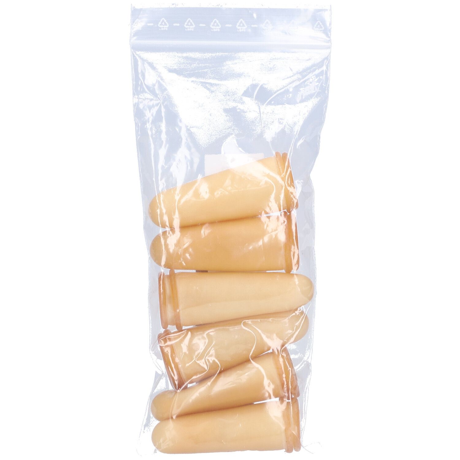 Fingerlinge aus Latex in transparenter Verpackung. Sechs Fingerlinge sichtbar.