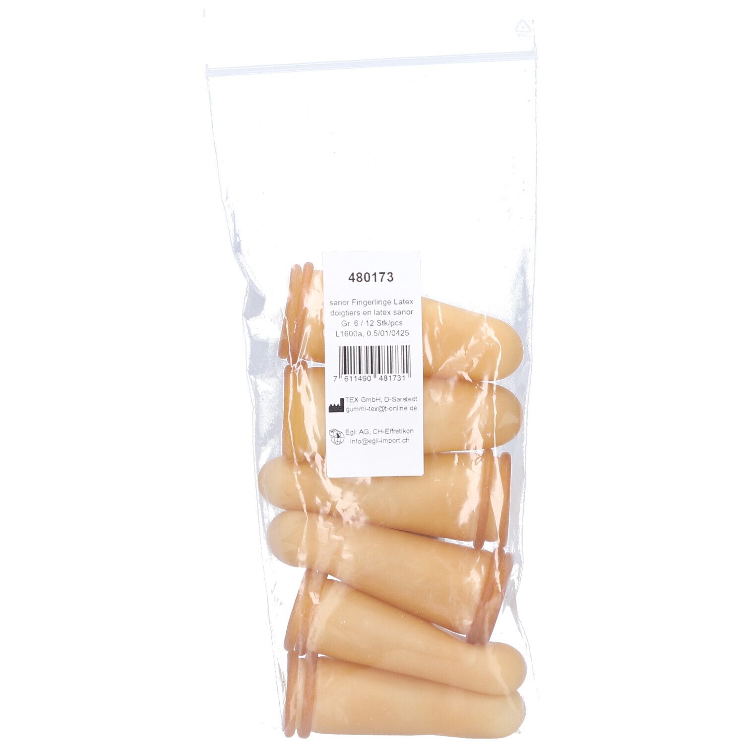 Fingerlinge aus Latex in transparenter Verpackung. Sechs Fingerlinge sichtbar. Etikett mit Text.