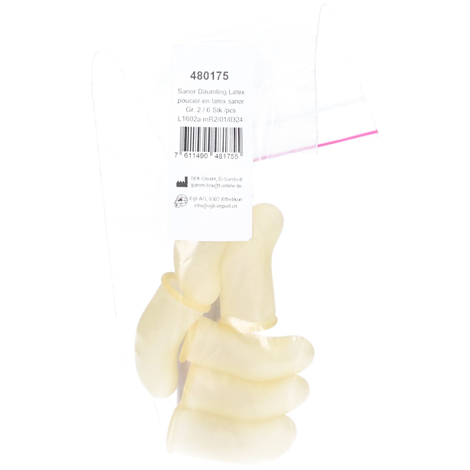 Latex-Fingerlinge in Folienverpackung. Produktbezeichnung und weitere Informationen auf dem Etikett. Sechs Stück.