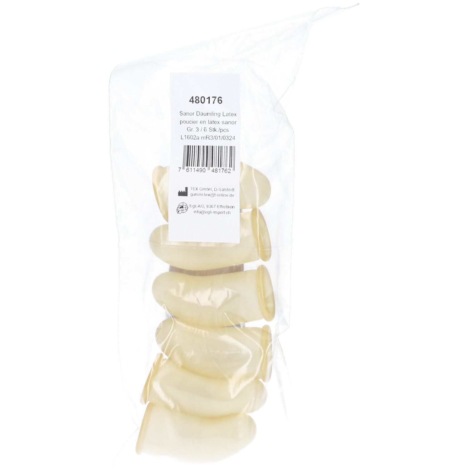 Latexhandschuhe in Beutel. Gr. 3, 6 Stück. Produktinformationen auf Etikett.