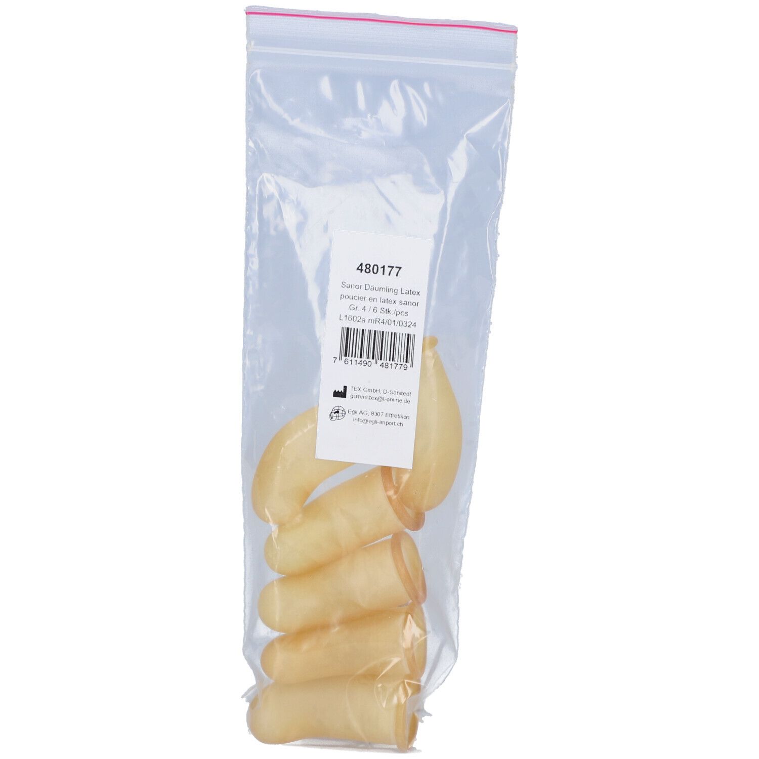 Latex-Fingerlinge in Plastikbeutel. Sechs Stück. Etikett mit Barcode und Produktinformationen.