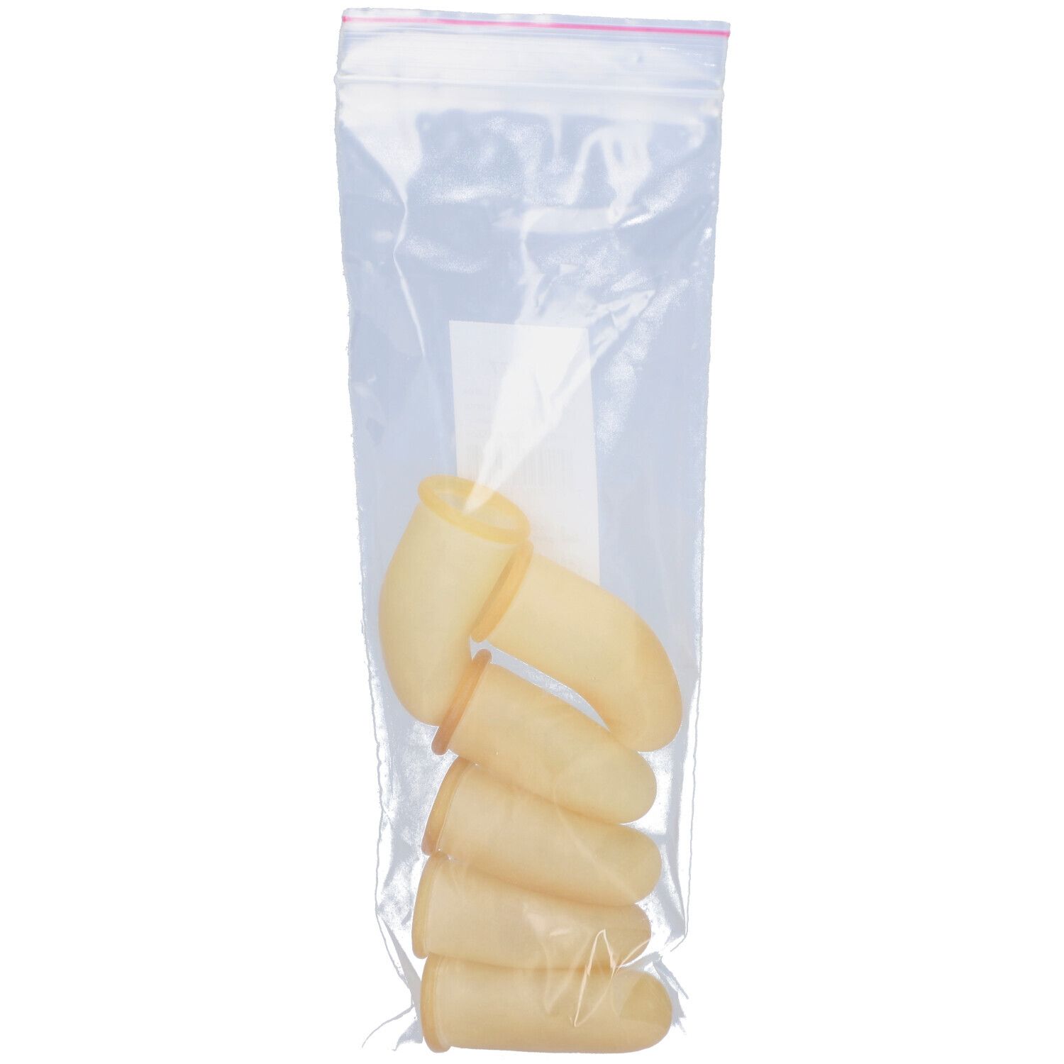 Latex-Fingerlinge in Plastikbeutel. Sechs Stück. Ansicht von oben. Etikett sichtbar.