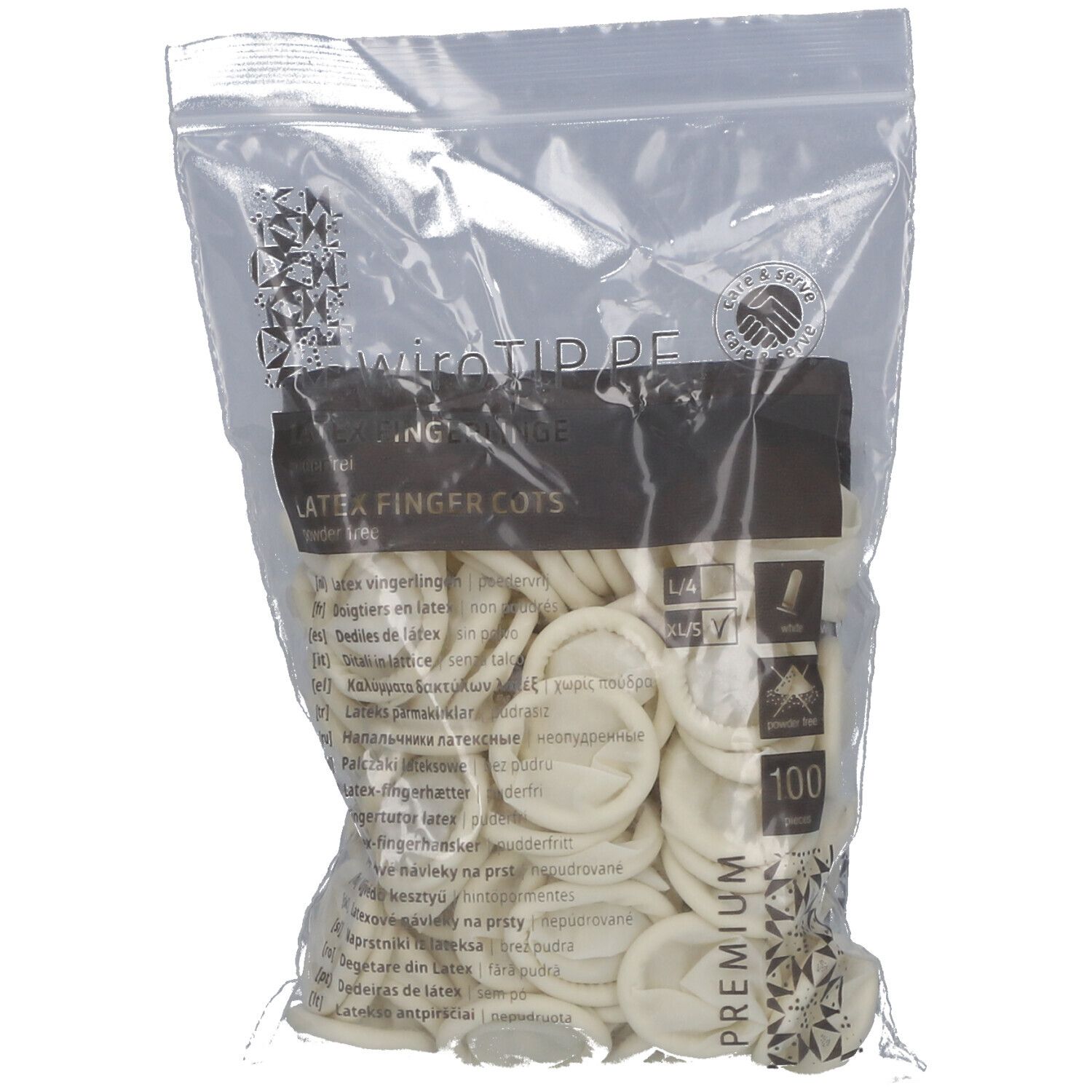 Beutel mit Latex-Fingerlingen. 100 Stück. Transparente Verpackung mit Produktinformationen.