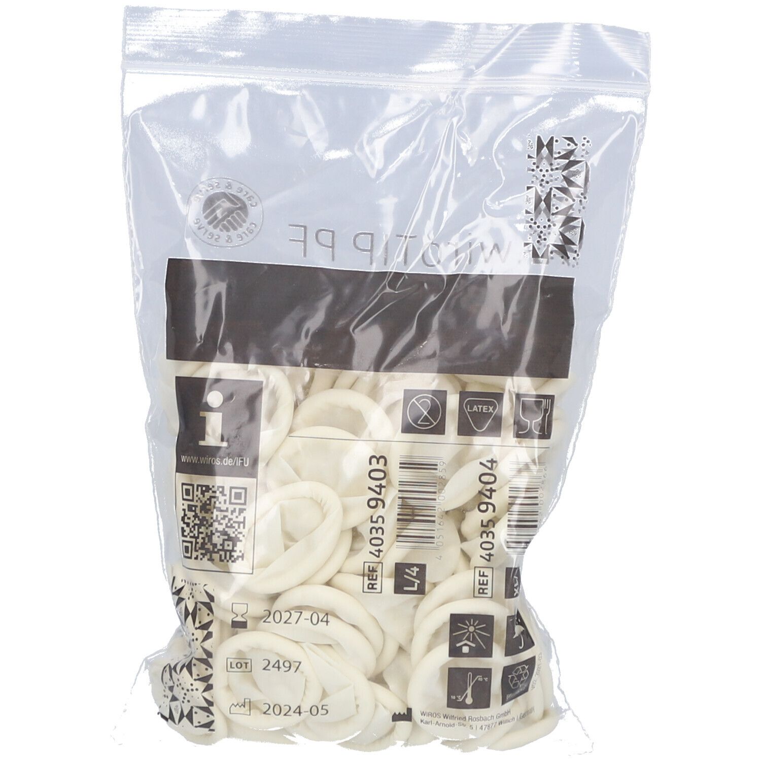 Beutel mit Latex-Fingerlingen. Transparente Verpackung. Produktinformationen und Chargennummer.