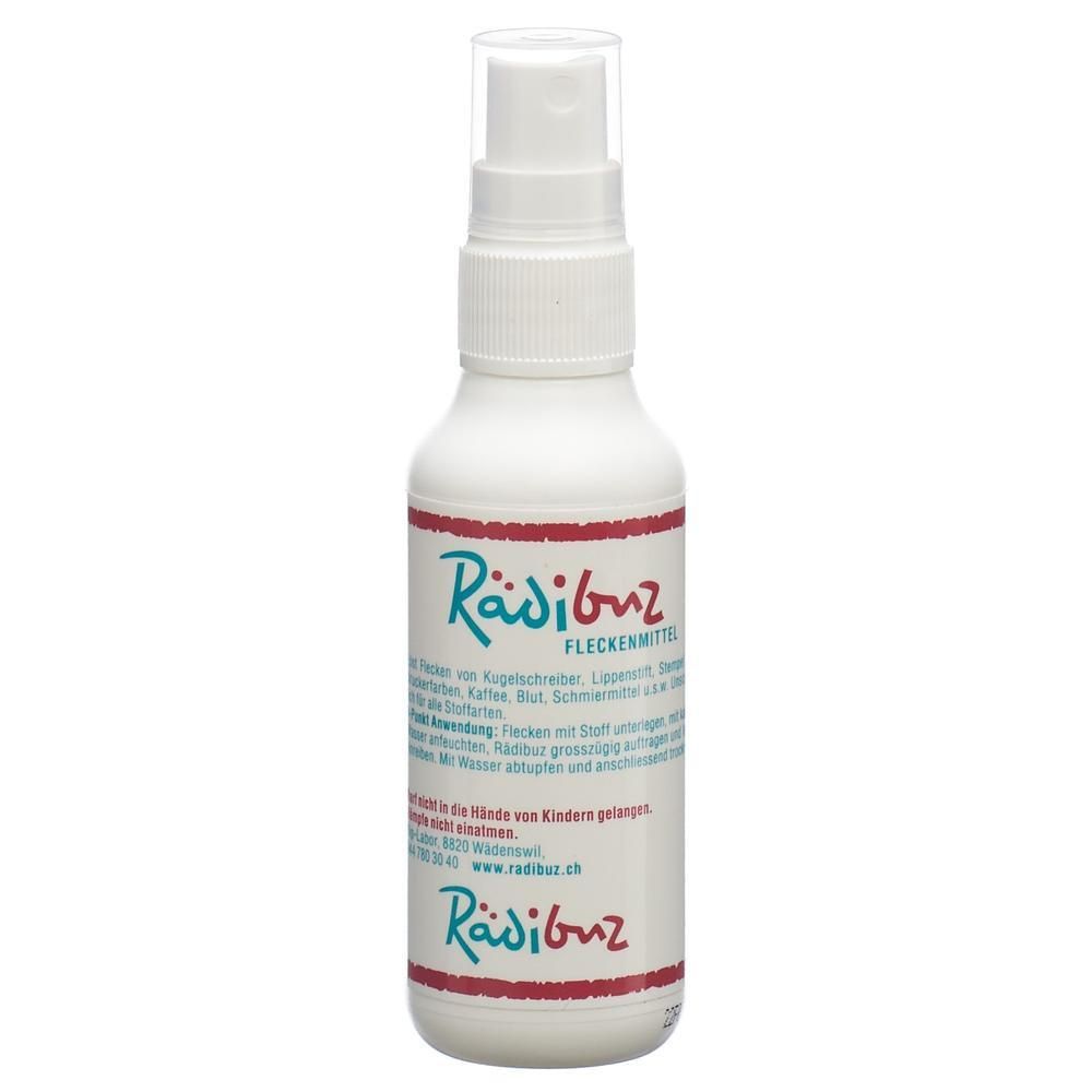 Weiße Sprühflasche mit roter und blauer Beschriftung. Produktname: Rädibuz. Text in deutscher Sprache.
