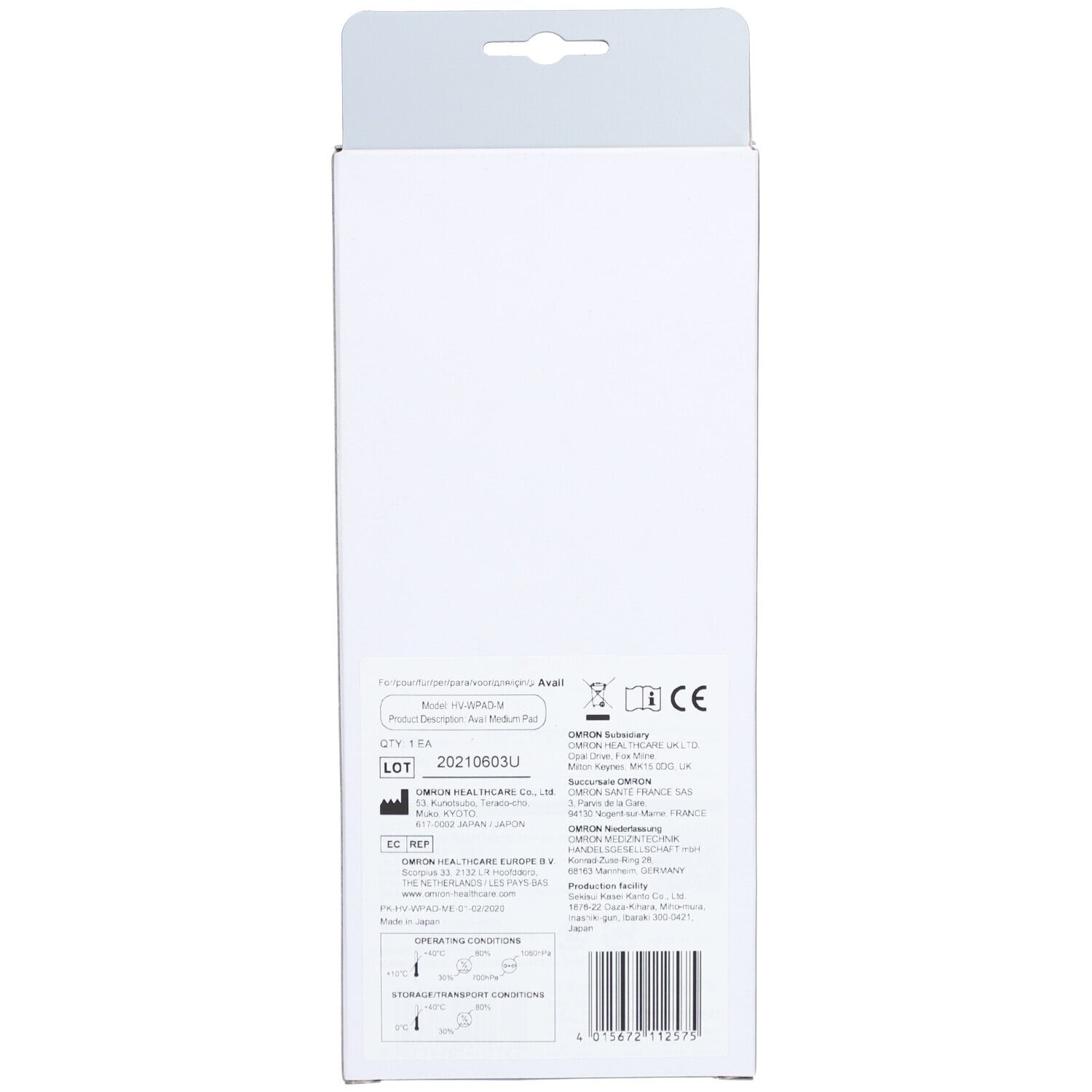 Emballage de produit blanc avec informations et marquage CE. Contient du texte en plusieurs langues et un code-barres.