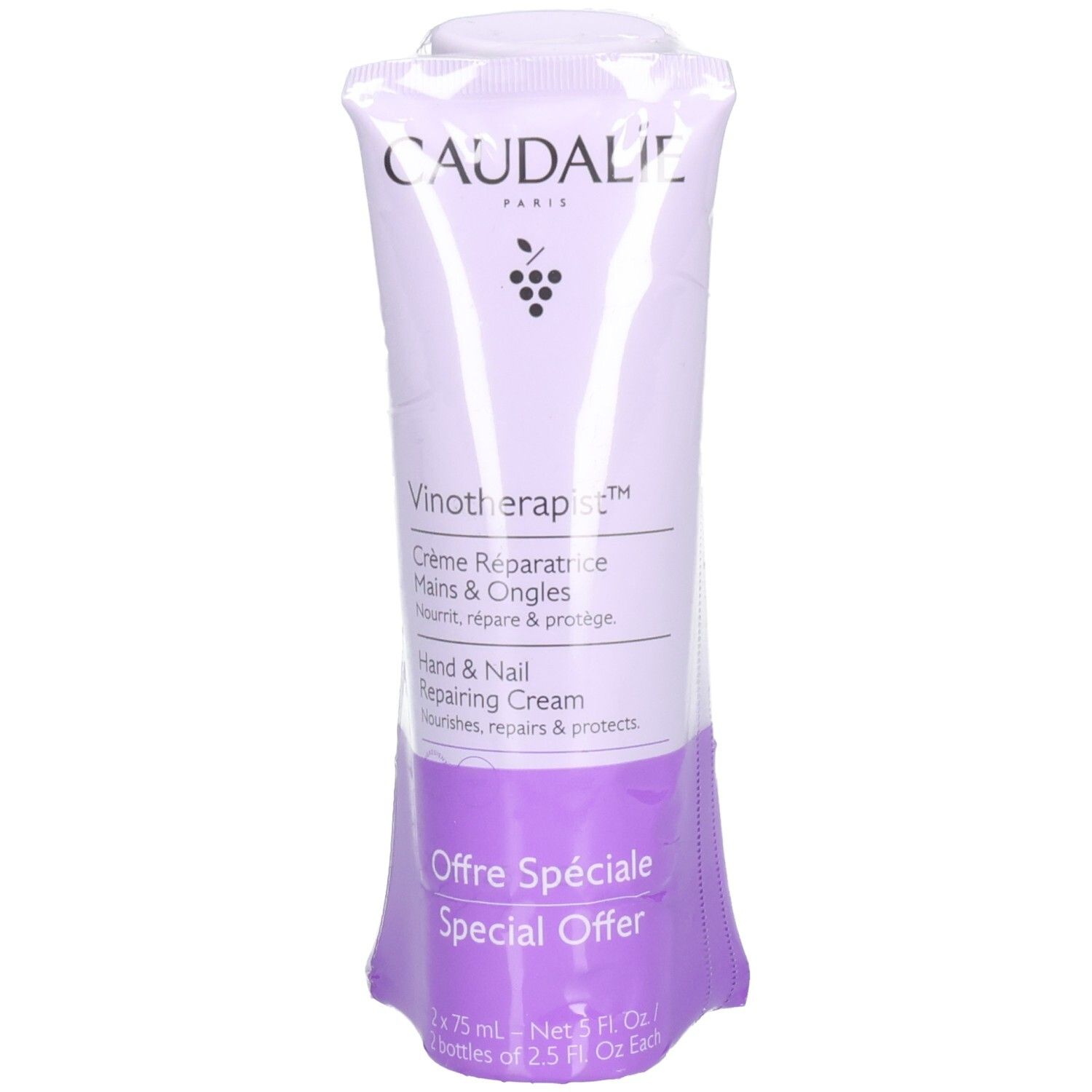 Verpackte Creme-Tube. Aufschrift CAUDALIE, Vinotherapist, Crème Réparatrice Mains & Ongles, Hand & Nail Repairing Cream, Offre Spéciale.
