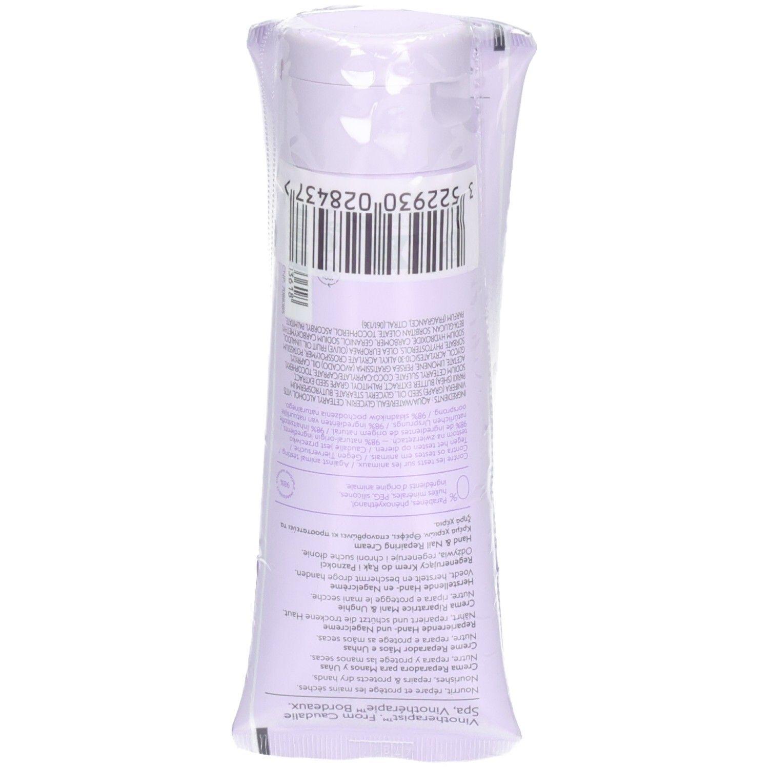 Rückseite einer Creme-Tube in Folie. Barcode und Textinformationen. Aufschrift Vinotherapist, Crème Réparatrice Mains & Ongles.