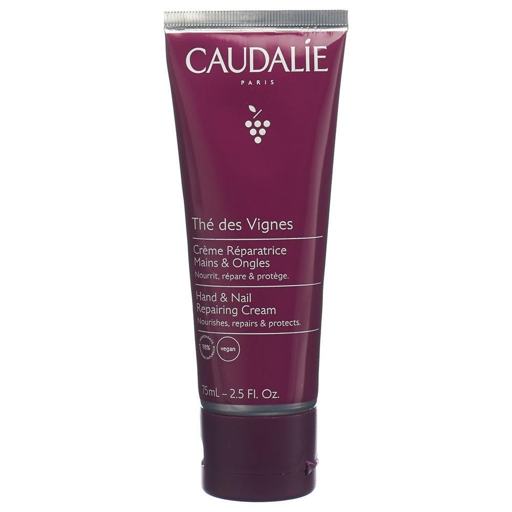 Hand- und Nagelcreme in einer Tube. Dunkelrote Tube mit silbernem Deckel. Aufschrift: CAUDALIE, Thé des Vignes, Hand & Nail Repairing Cream.