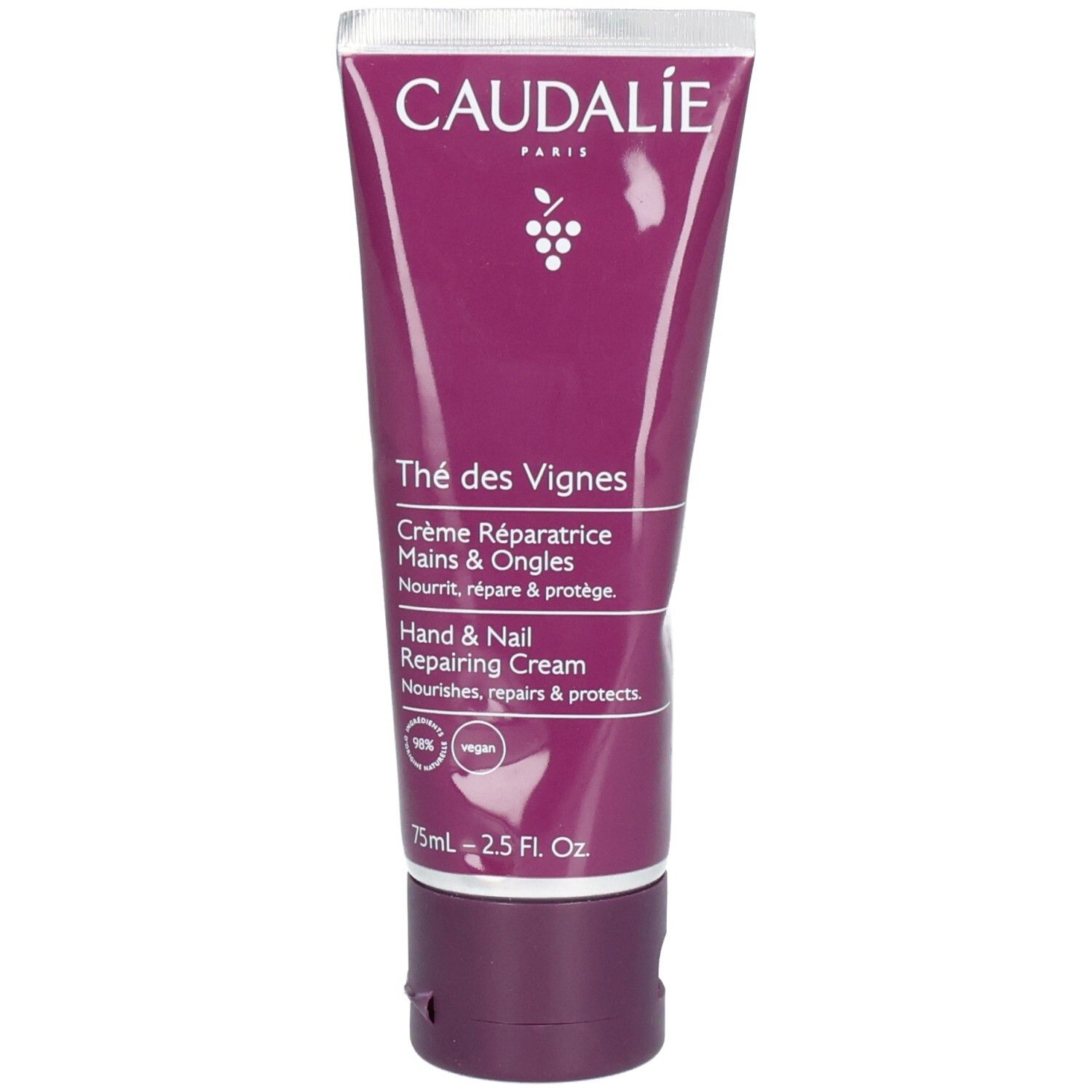 Hand- und Nagelcreme in einer Tube. Marke Caudalie. Text: Thé des Vignes, Crème Réparatrice Mains & Ongles, Hand & Nail Repairing Cream.