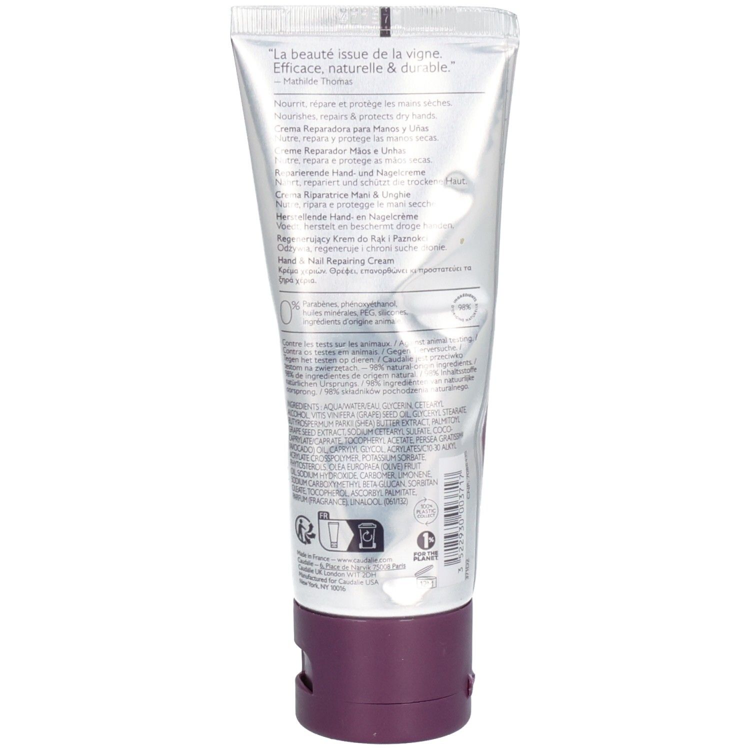 Rückseite einer Hand- und Nagelcreme-Tube. Text: Crème Réparatrice Mains & Ongles, Hand & Nail Repairing Cream. Inhaltsstoffe und Logos.