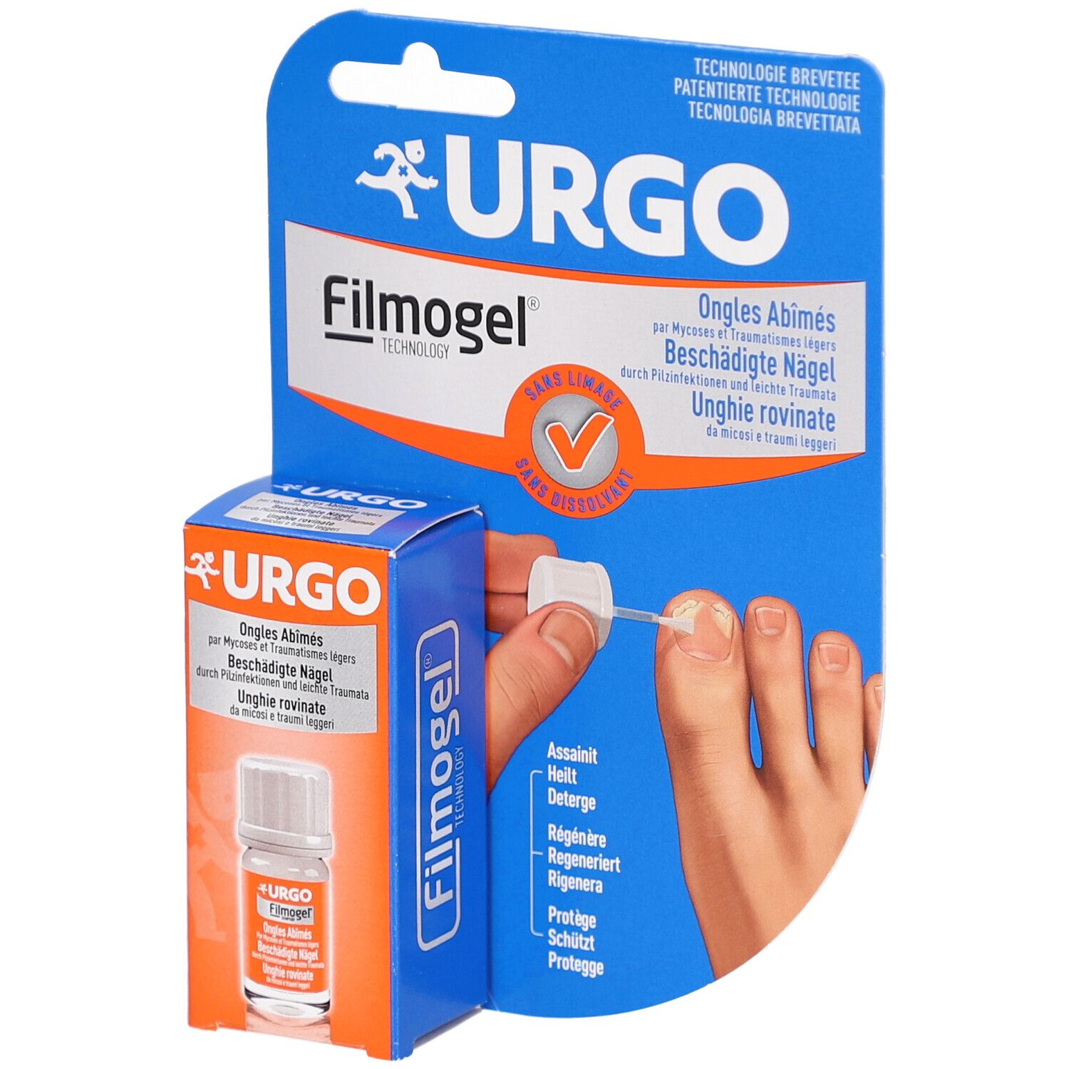 Produktverpackung mit Fläschchen und Applikator. URGO Filmogel Ongles Abîmés. Blisterverpackung mit Produktabbildung und Anwendung.