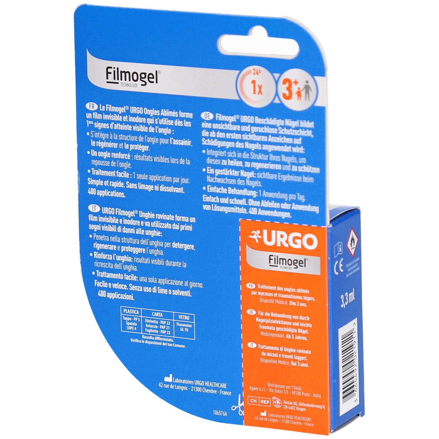 Rückseite der Produktverpackung. URGO Filmogel Ongles Abîmés. Textinformationen in mehreren Sprachen. 3,3 ml.