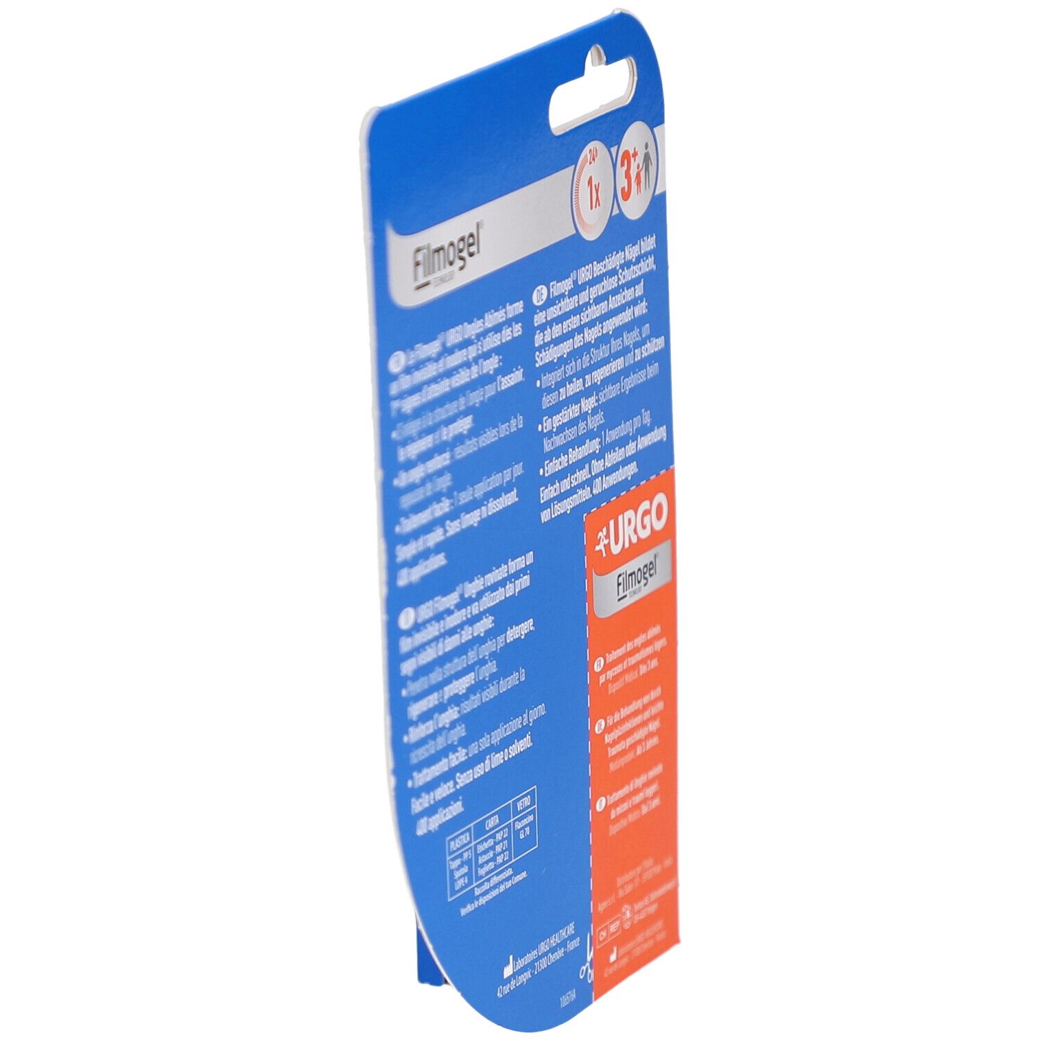 Seitenansicht der Produktverpackung. URGO Filmogel Ongles Abîmés. Textinformationen in mehreren Sprachen.