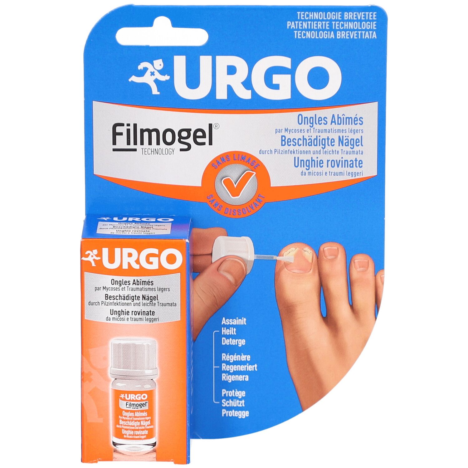 Produktverpackung mit Fläschchen und Applikator. URGO Filmogel Ongles Abîmés. Blisterverpackung mit Produktabbildung und Anwendung.