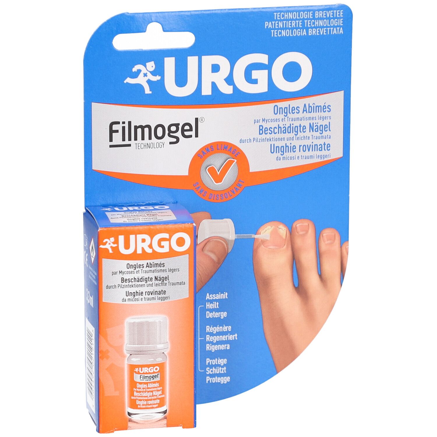 Produktverpackung mit Fläschchen und Applikator. URGO Filmogel Ongles Abîmés. Blisterverpackung mit Produktabbildung und Anwendung.