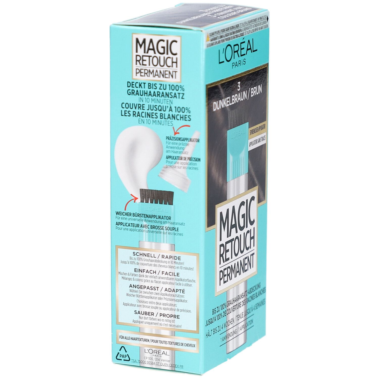 L'Oréal MAGIC RETOUCH Permanent. Türkis-farbene Verpackung. Produktabbildung und Text. Anwendung mit Bürstenapplikator.