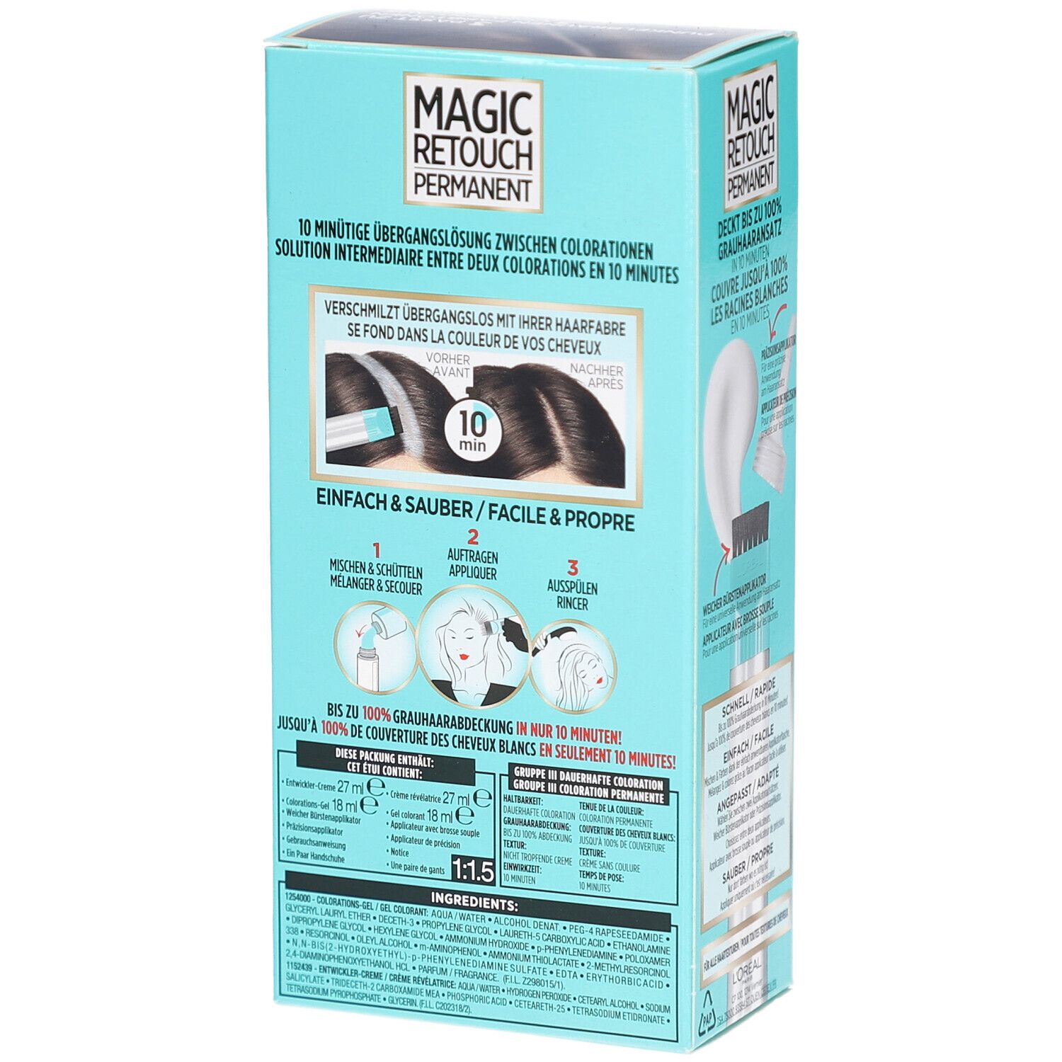 L'Oréal MAGIC RETOUCH Permanent. Türkis-farbene Verpackung. Produktabbildung und Text. Anwendungsschritte.