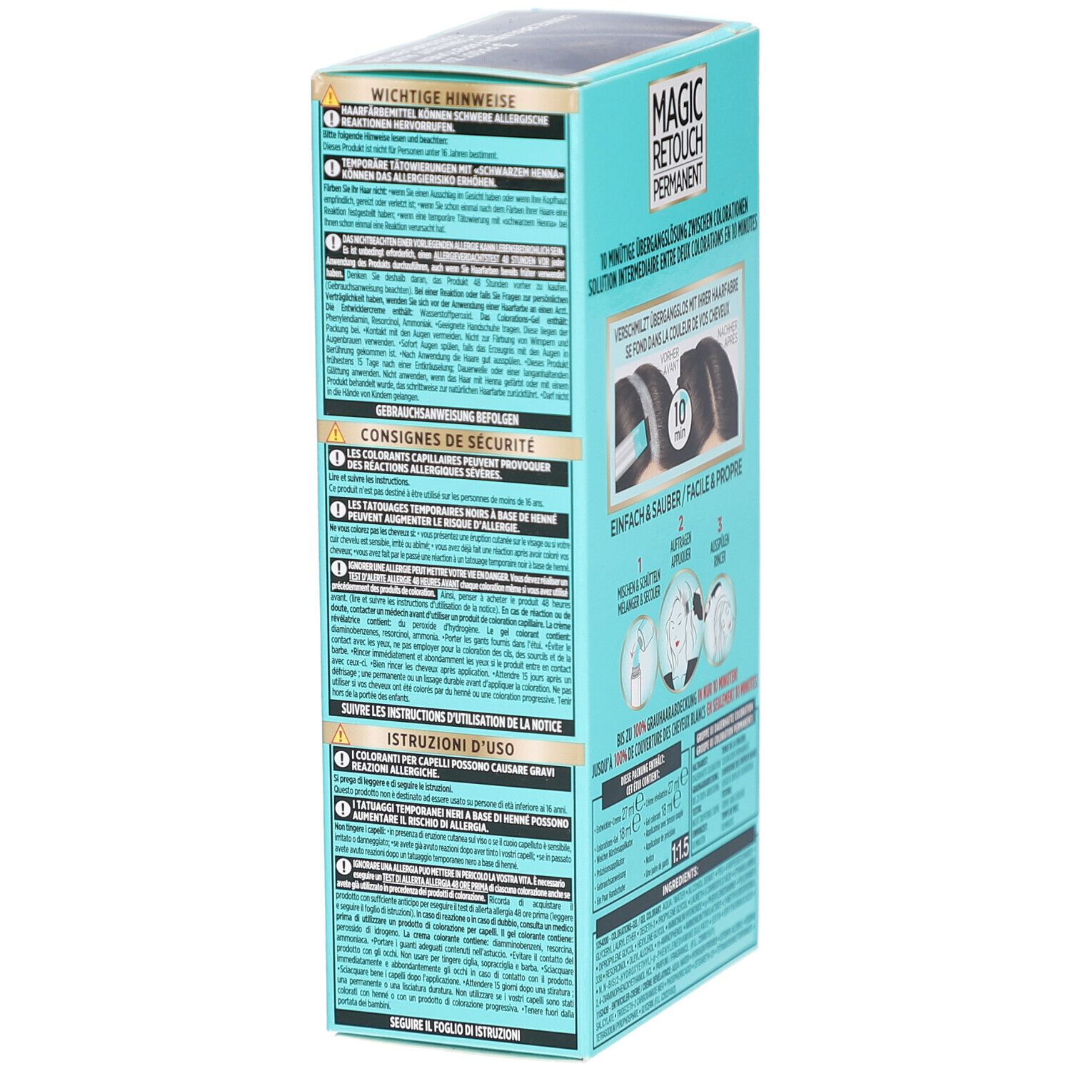 L'Oréal MAGIC RETOUCH Permanent. Türkis-farbene Verpackung. Text und Informationen zur Anwendung.