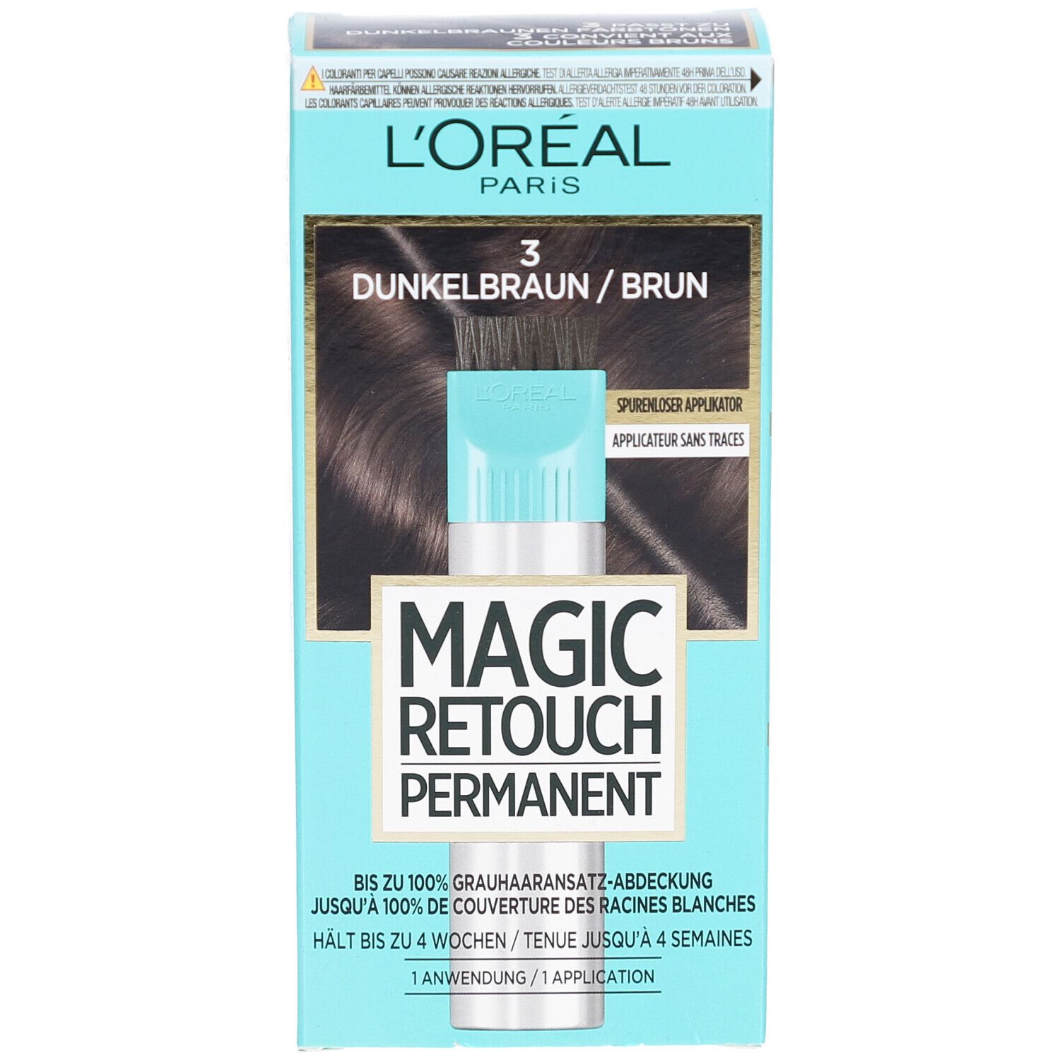 L'Oréal MAGIC RETOUCH Permanent 3 Dunkelbraun. Türkis-farbene Verpackung. Produktabbildung und Text.