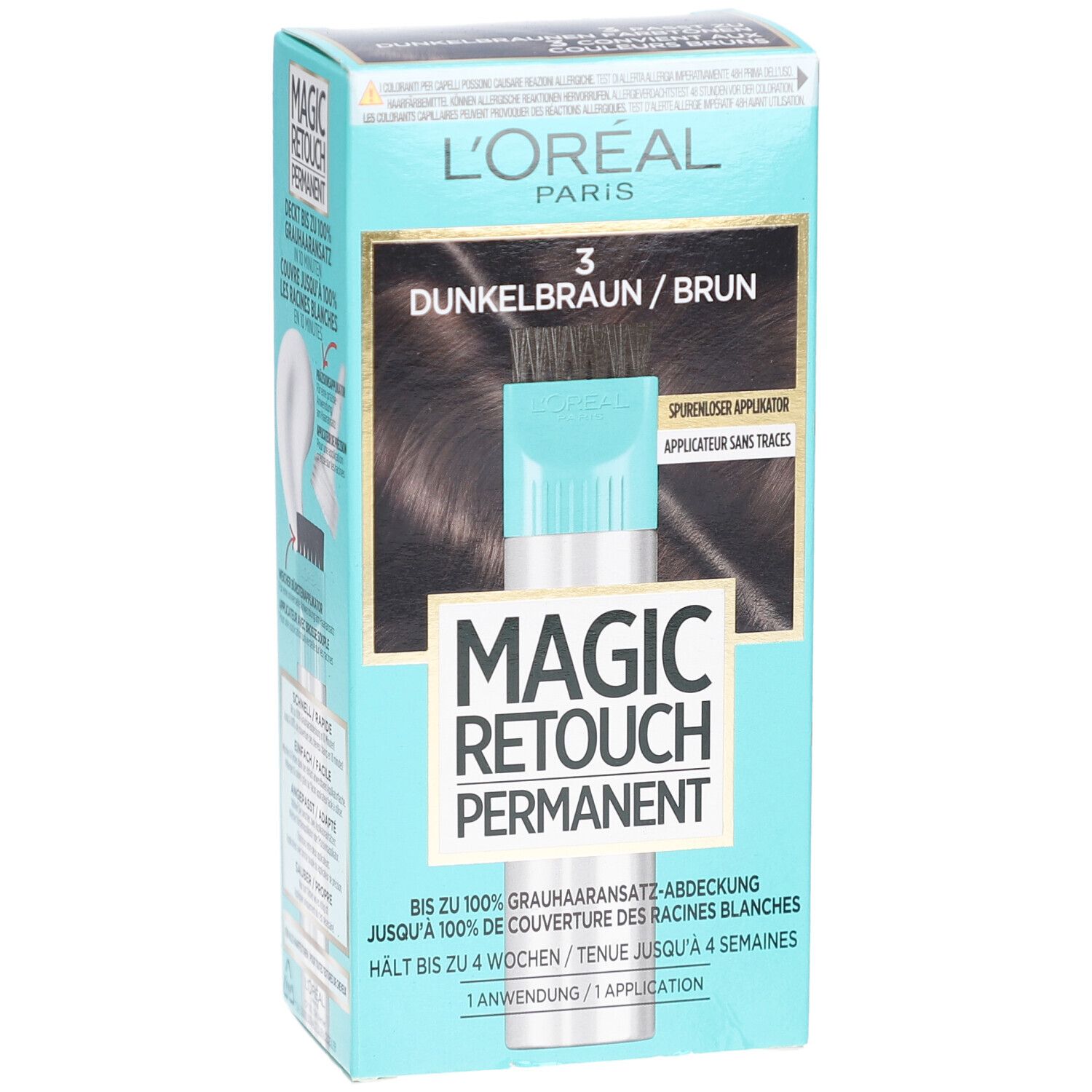 L'Oréal MAGIC RETOUCH Permanent 3 Dunkelbraun. Türkis-farbene Verpackung. Produktabbildung und Text.