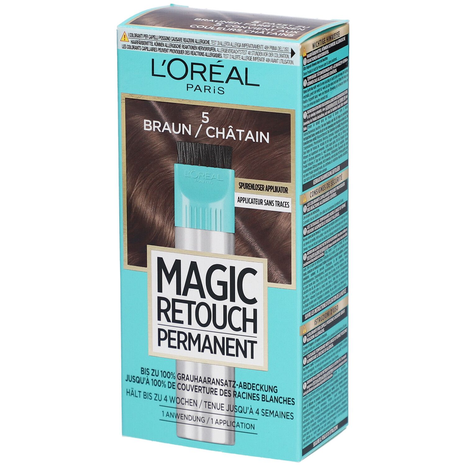 L'Oréal Paris Magic Retouch Permanent 5 Braun. Boîte avec image du produit et applicateur. Texte: Couverture 100% des cheveux blancs.
